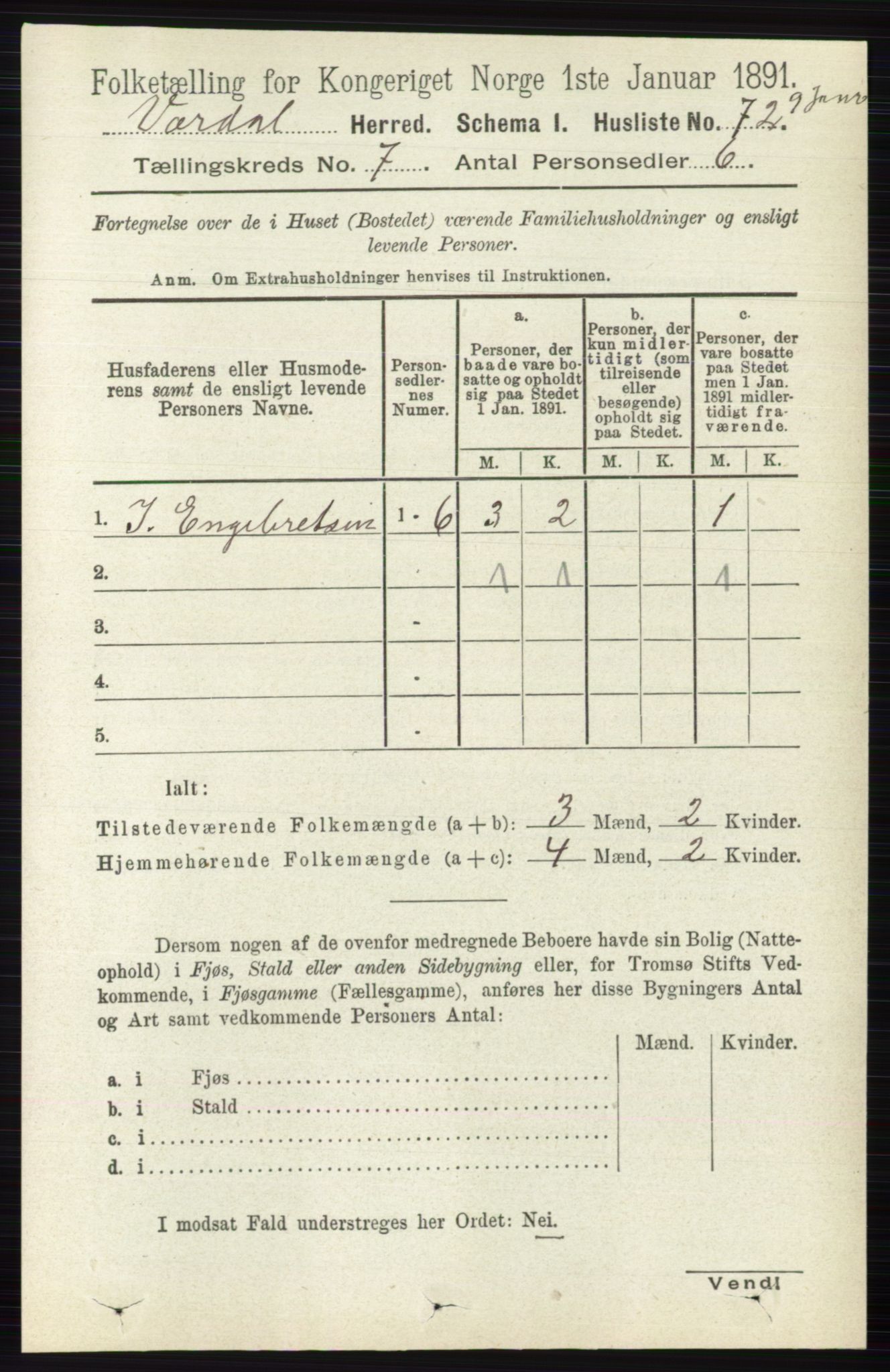 RA, 1891 census for 0527 Vardal, 1891, p. 2954