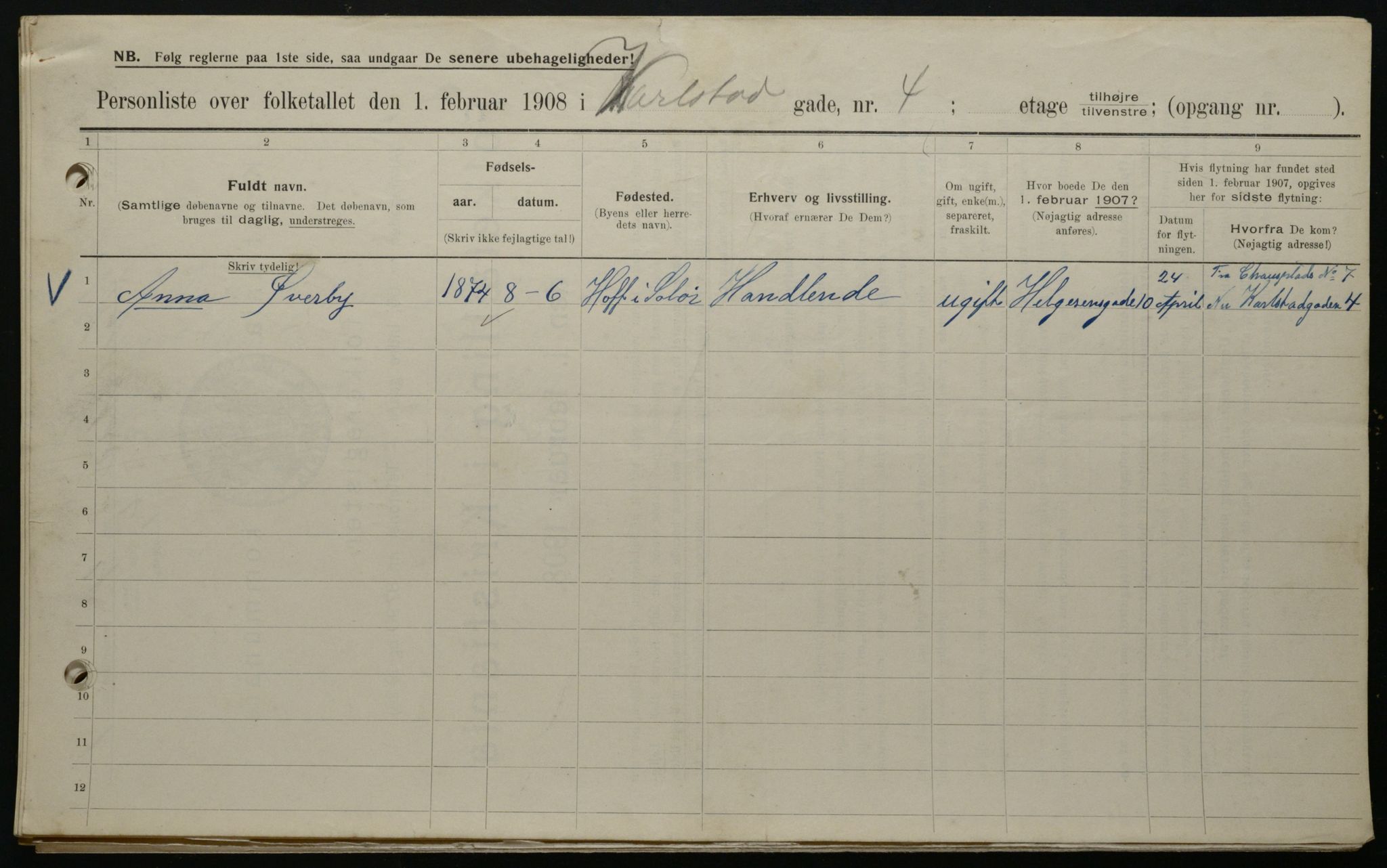 OBA, Municipal Census 1908 for Kristiania, 1908, p. 43874