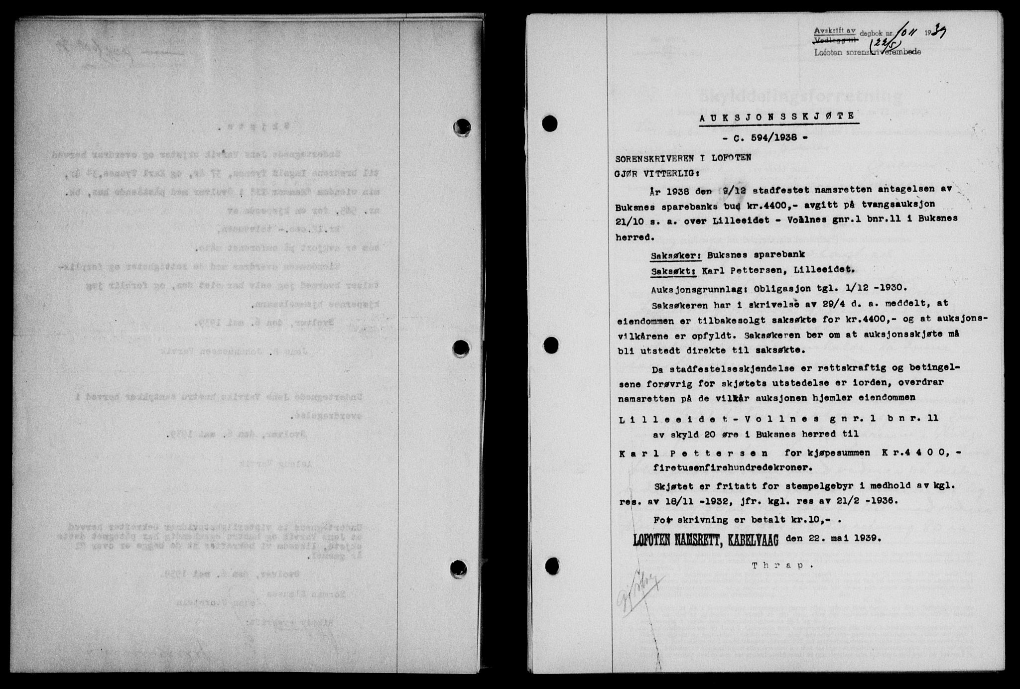 Lofoten sorenskriveri, SAT/A-0017/1/2/2C/L0005a: Mortgage book no. 5a, 1939-1939, Diary no: : 1011/1939