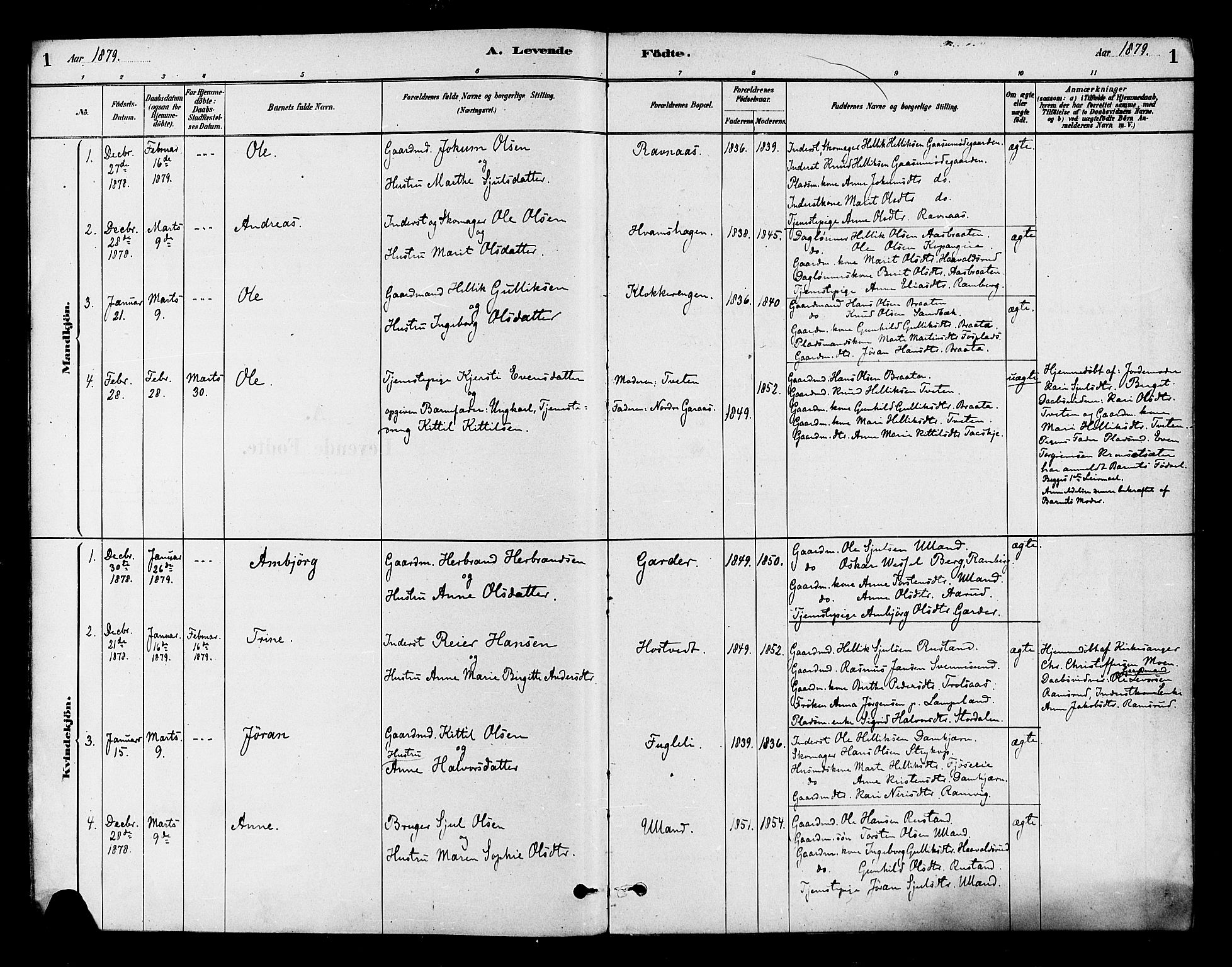 Flesberg kirkebøker, AV/SAKO-A-18/F/Fb/L0001: Parish register (official) no. II 1, 1879-1907, p. 1