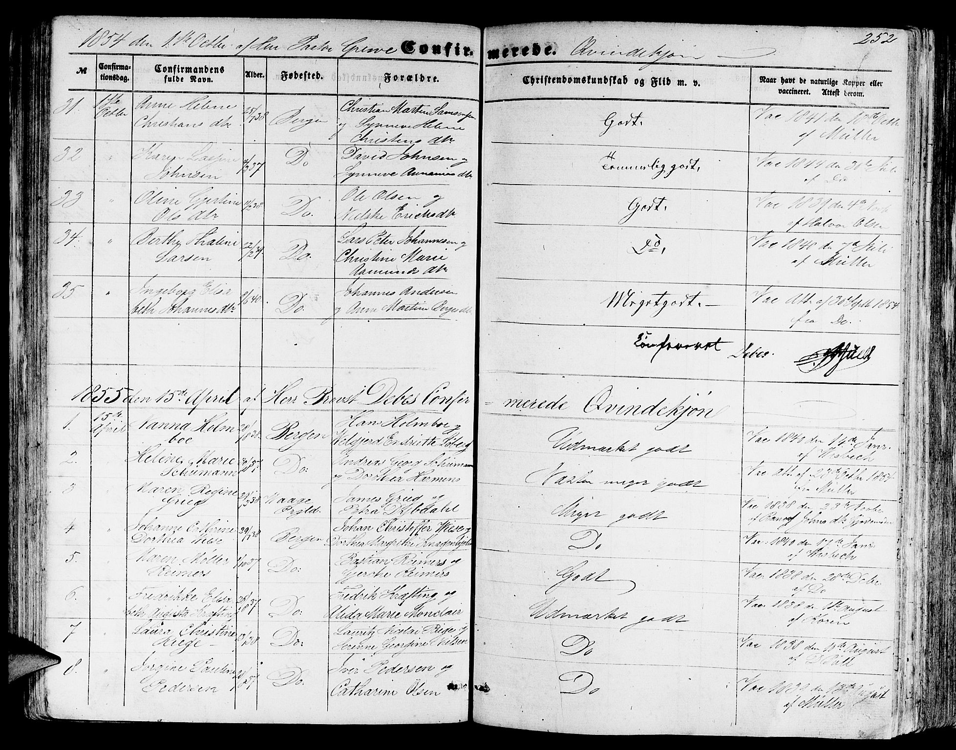Domkirken sokneprestembete, SAB/A-74801/H/Hab/L0023: Parish register (copy) no. C 3, 1854-1880, p. 252