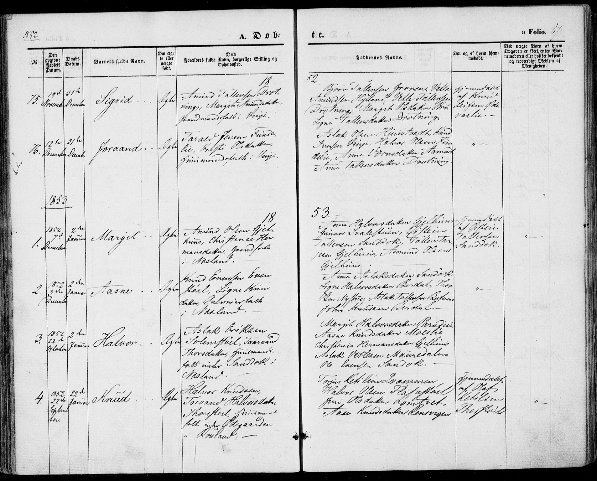 Vinje kirkebøker, AV/SAKO-A-312/F/Fa/L0004: Parish register (official) no. I 4, 1843-1869, p. 57