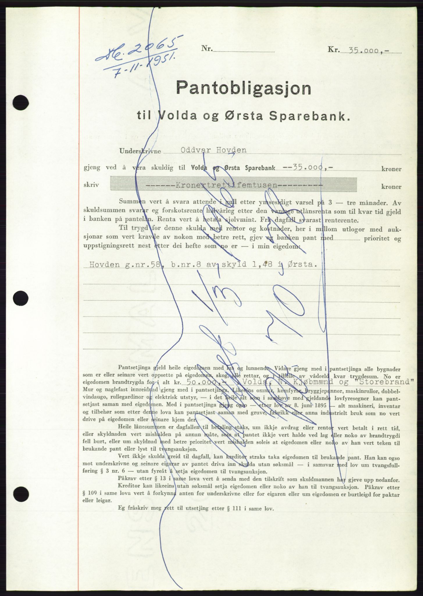 Søre Sunnmøre sorenskriveri, AV/SAT-A-4122/1/2/2C/L0120: Mortgage book no. 8B, 1951-1951, Diary no: : 2065/1951