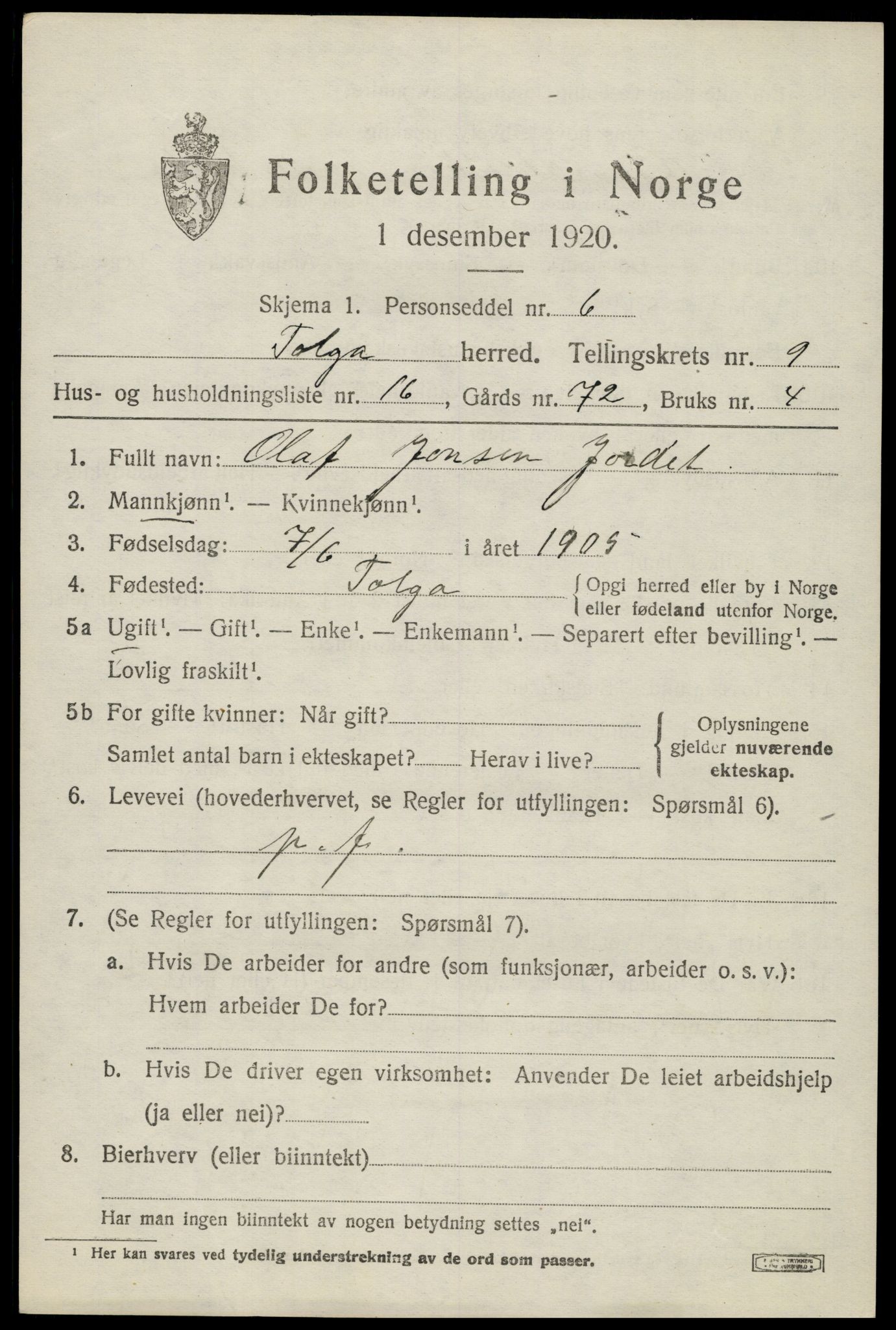 SAH, 1920 census for Tolga, 1920, p. 4907