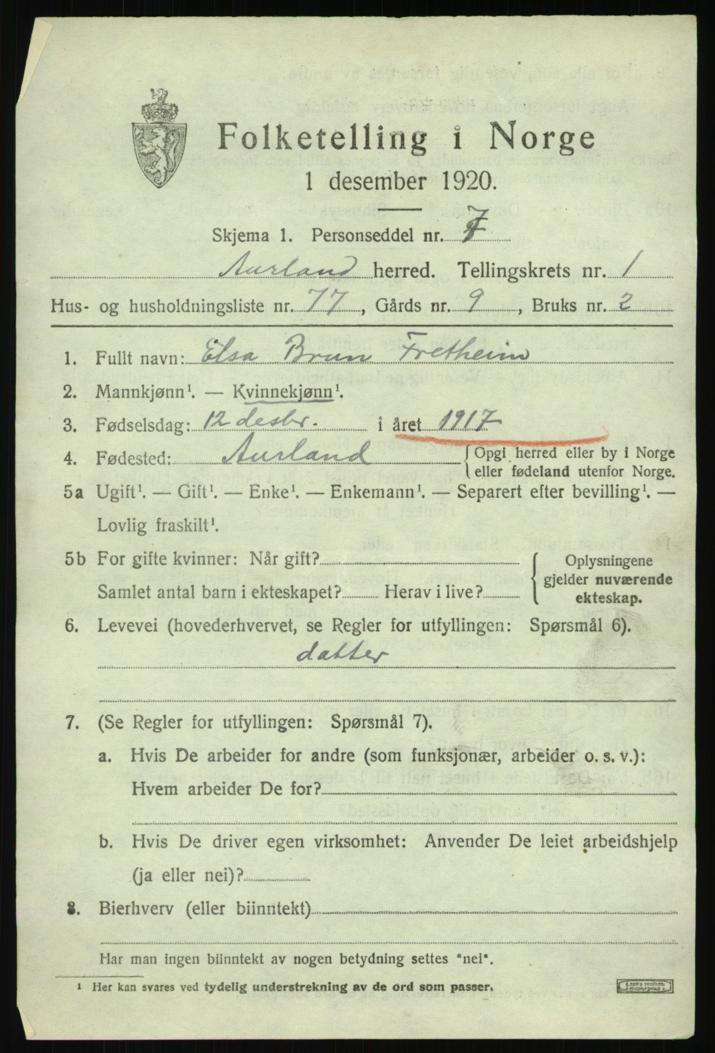 SAB, 1920 census for Aurland, 1920, p. 1826