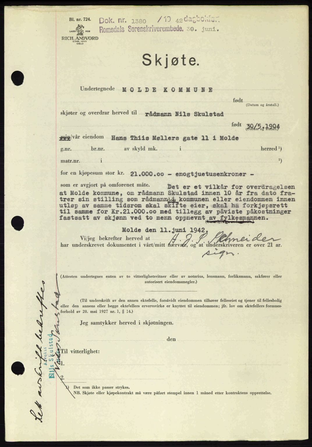 Romsdal sorenskriveri, AV/SAT-A-4149/1/2/2C: Mortgage book no. A12, 1942-1942, Diary no: : 1380/1942