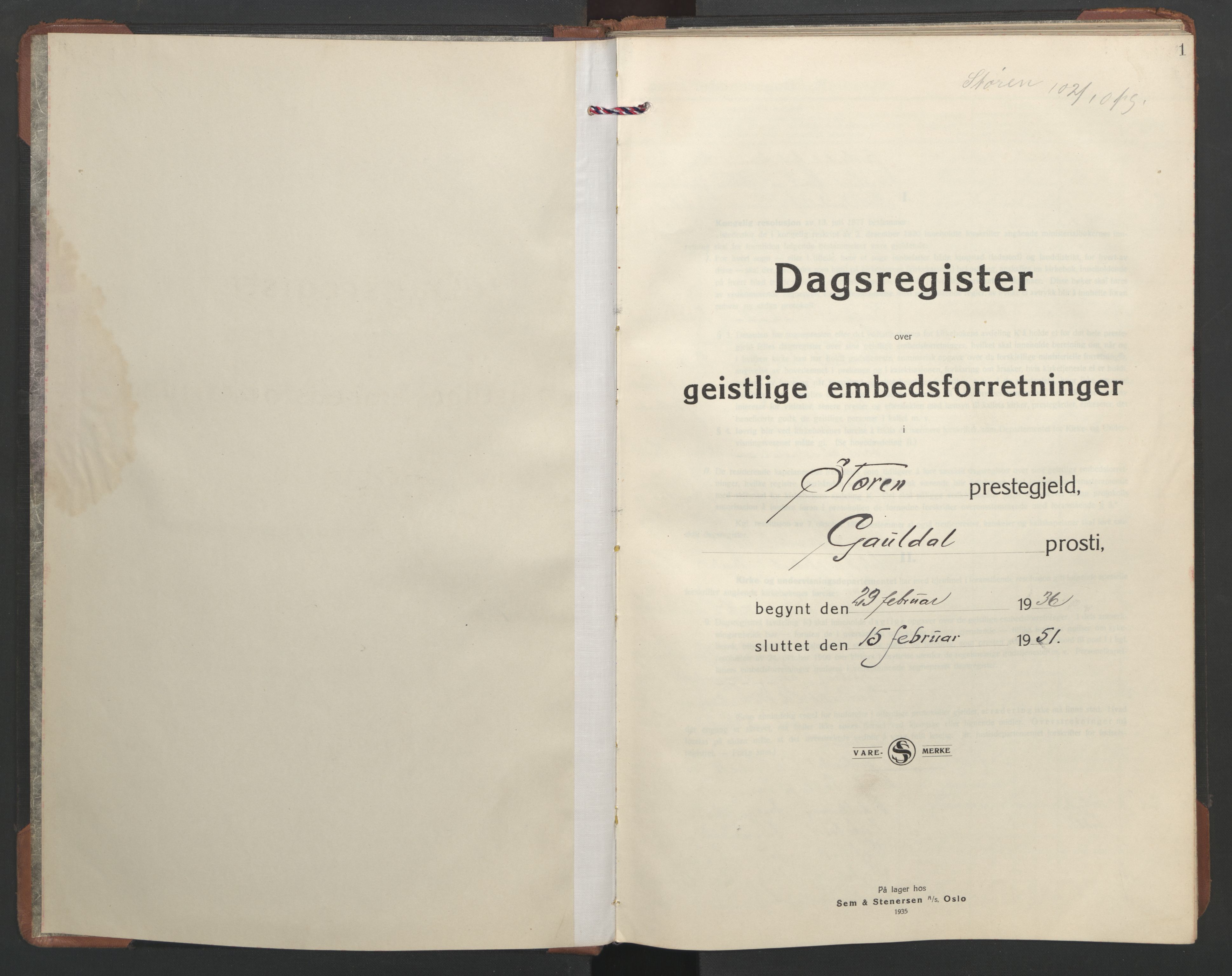 Ministerialprotokoller, klokkerbøker og fødselsregistre - Sør-Trøndelag, SAT/A-1456/687/L1014: Parish register (official) no. 687B03, 1936-1951, p. 1