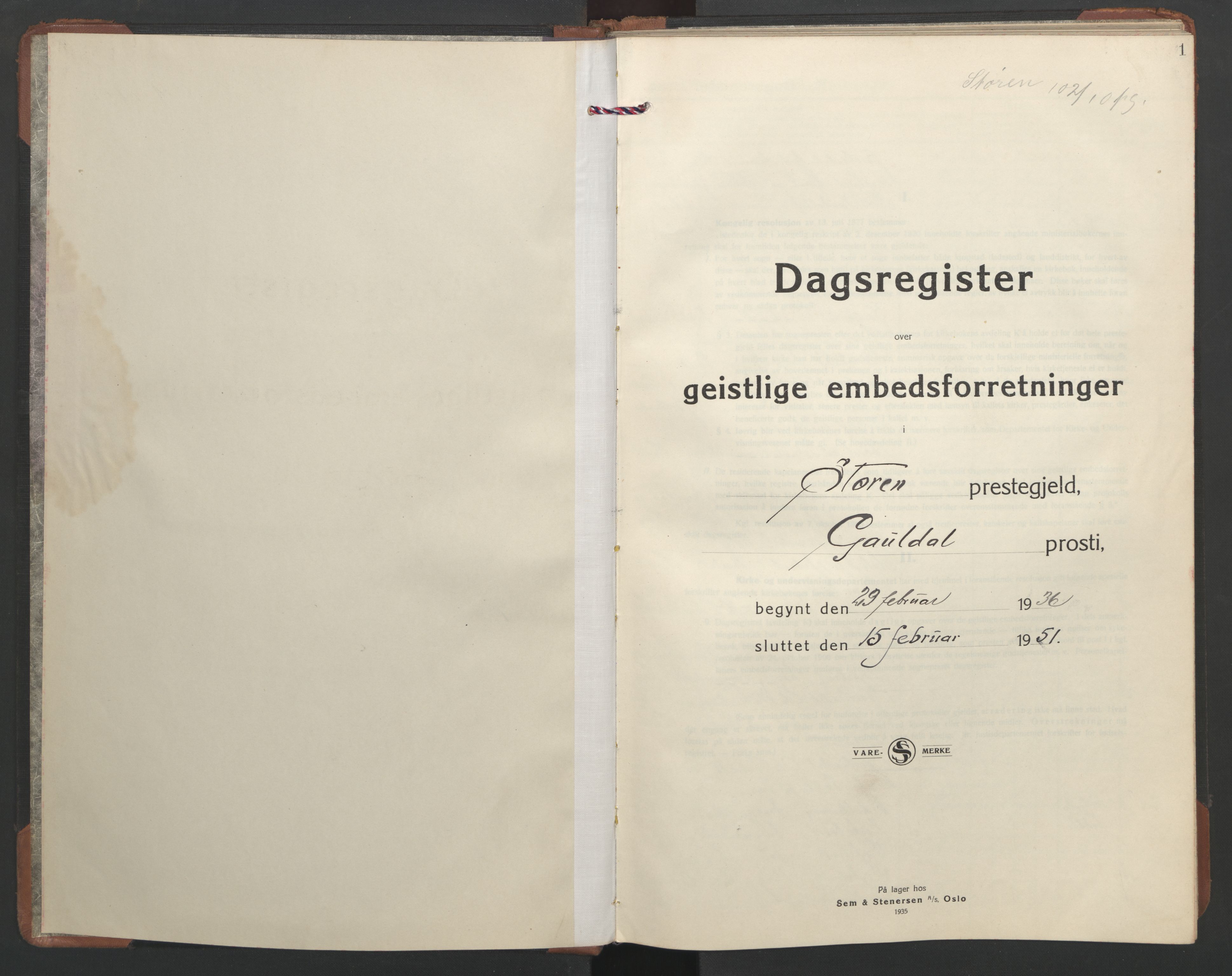 Ministerialprotokoller, klokkerbøker og fødselsregistre - Sør-Trøndelag, AV/SAT-A-1456/687/L1014: Parish register (official) no. 687B03, 1936-1951, p. 1