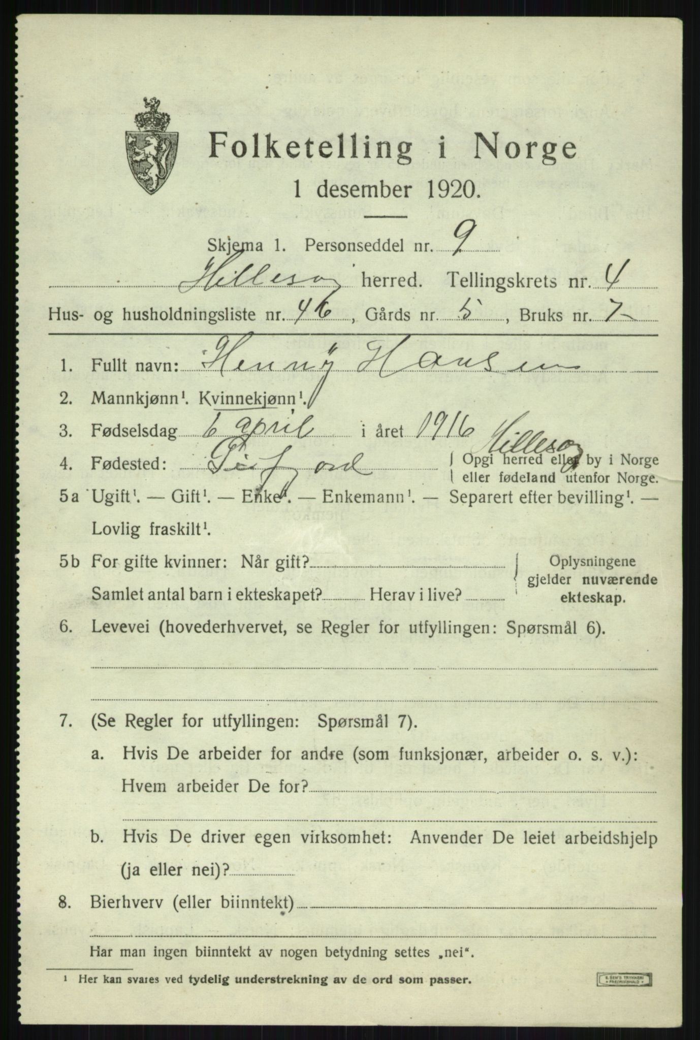 SATØ, 1920 census for Hillesøy, 1920, p. 2573