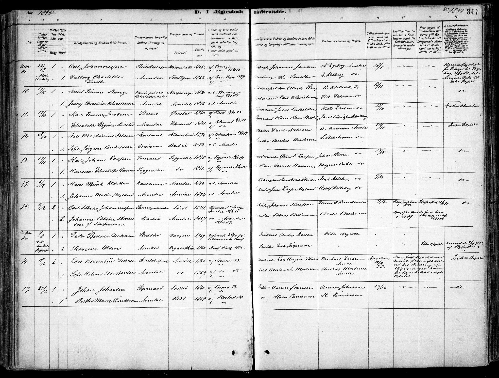 Arendal sokneprestkontor, Trefoldighet, SAK/1111-0040/F/Fa/L0008: Parish register (official) no. A 8, 1878-1899, p. 347