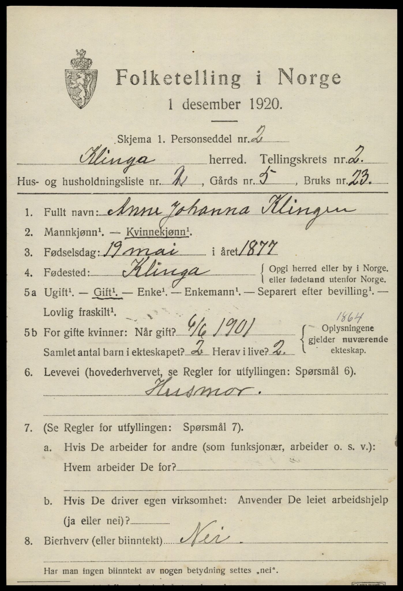 SAT, 1920 census for Klinga, 1920, p. 1407