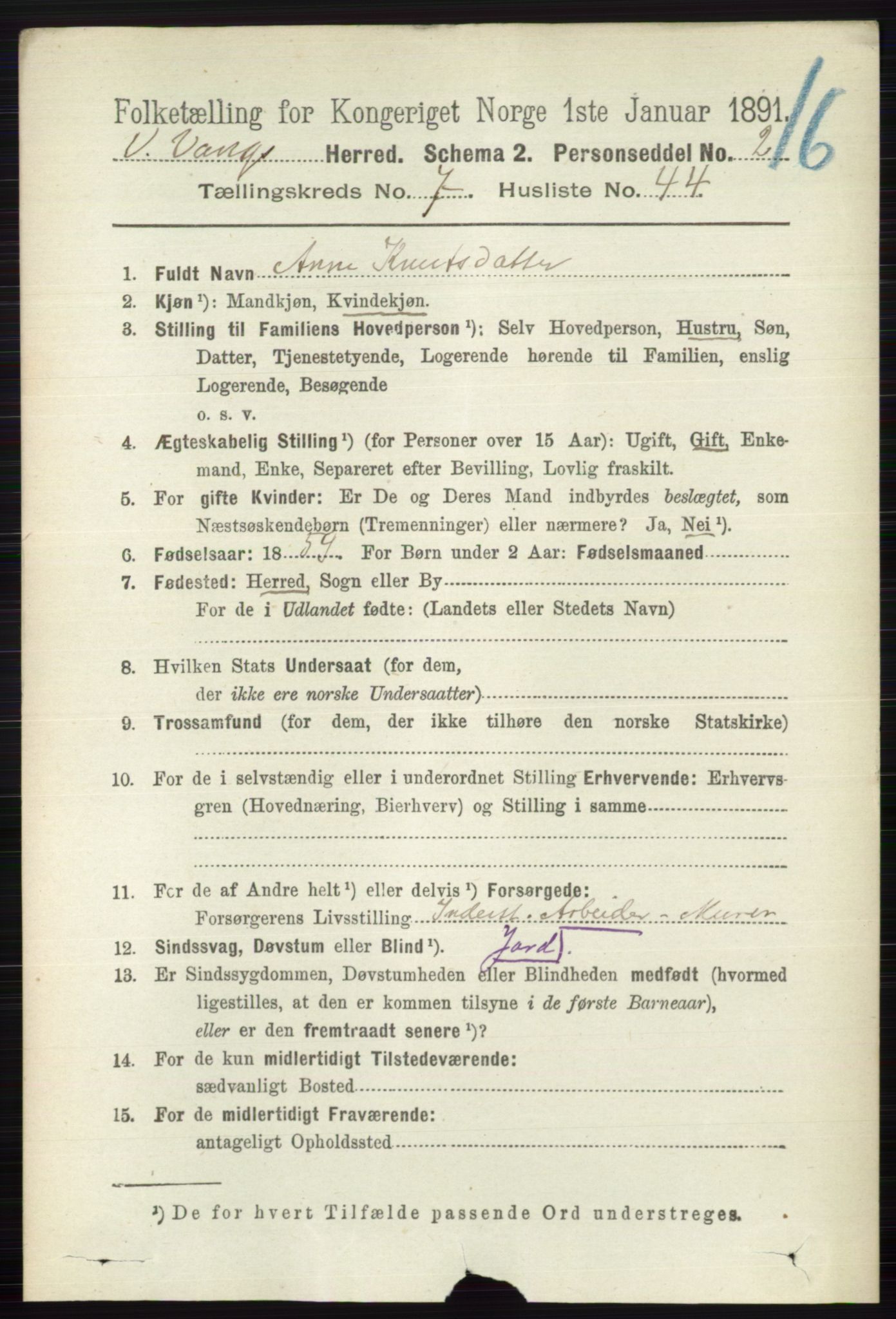 RA, 1891 census for 0545 Vang, 1891, p. 1698