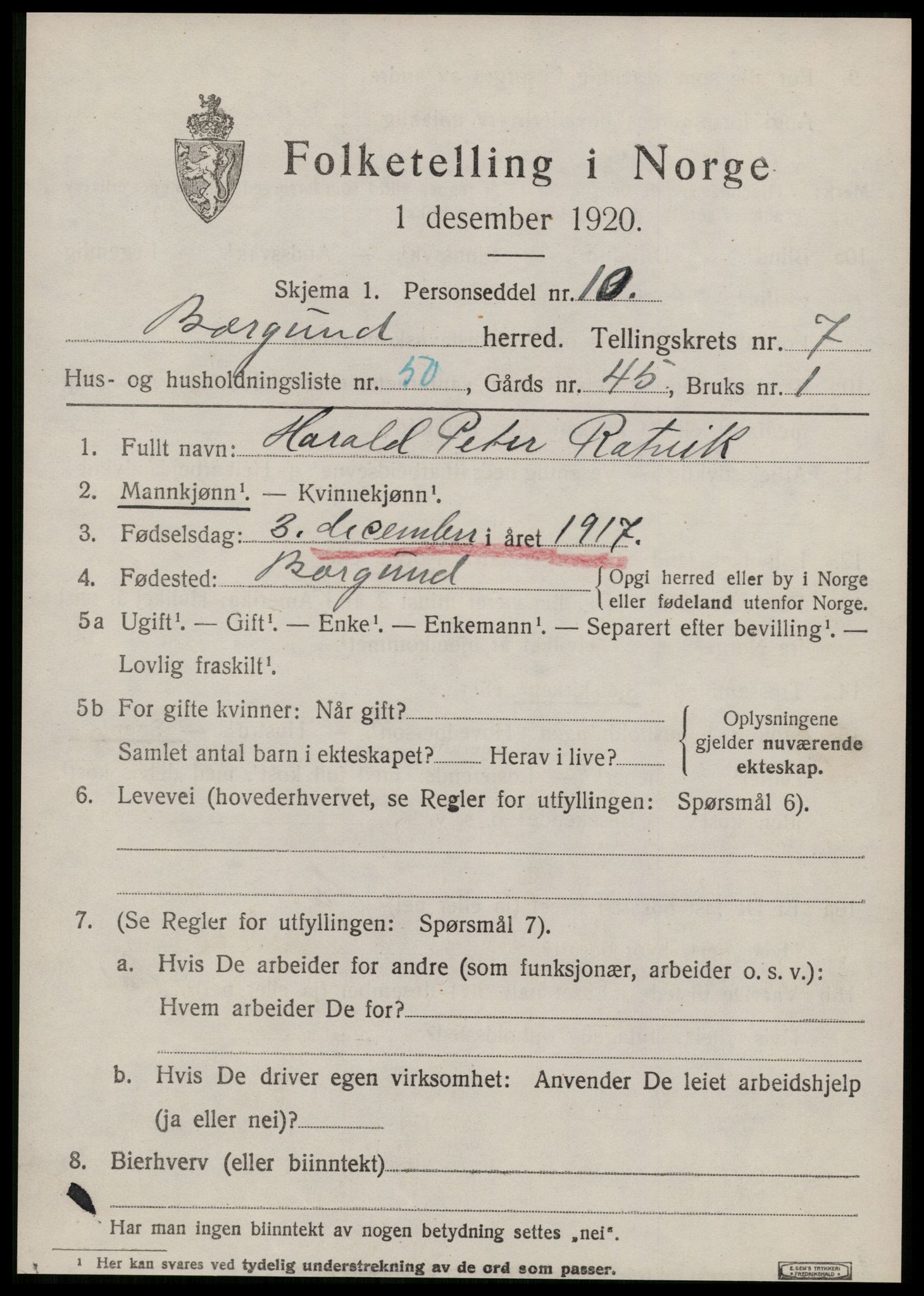 SAT, 1920 census for Borgund, 1920, p. 6670