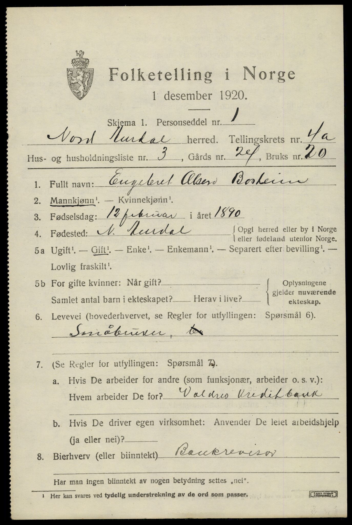 SAH, 1920 census for Nord-Aurdal, 1920, p. 3640