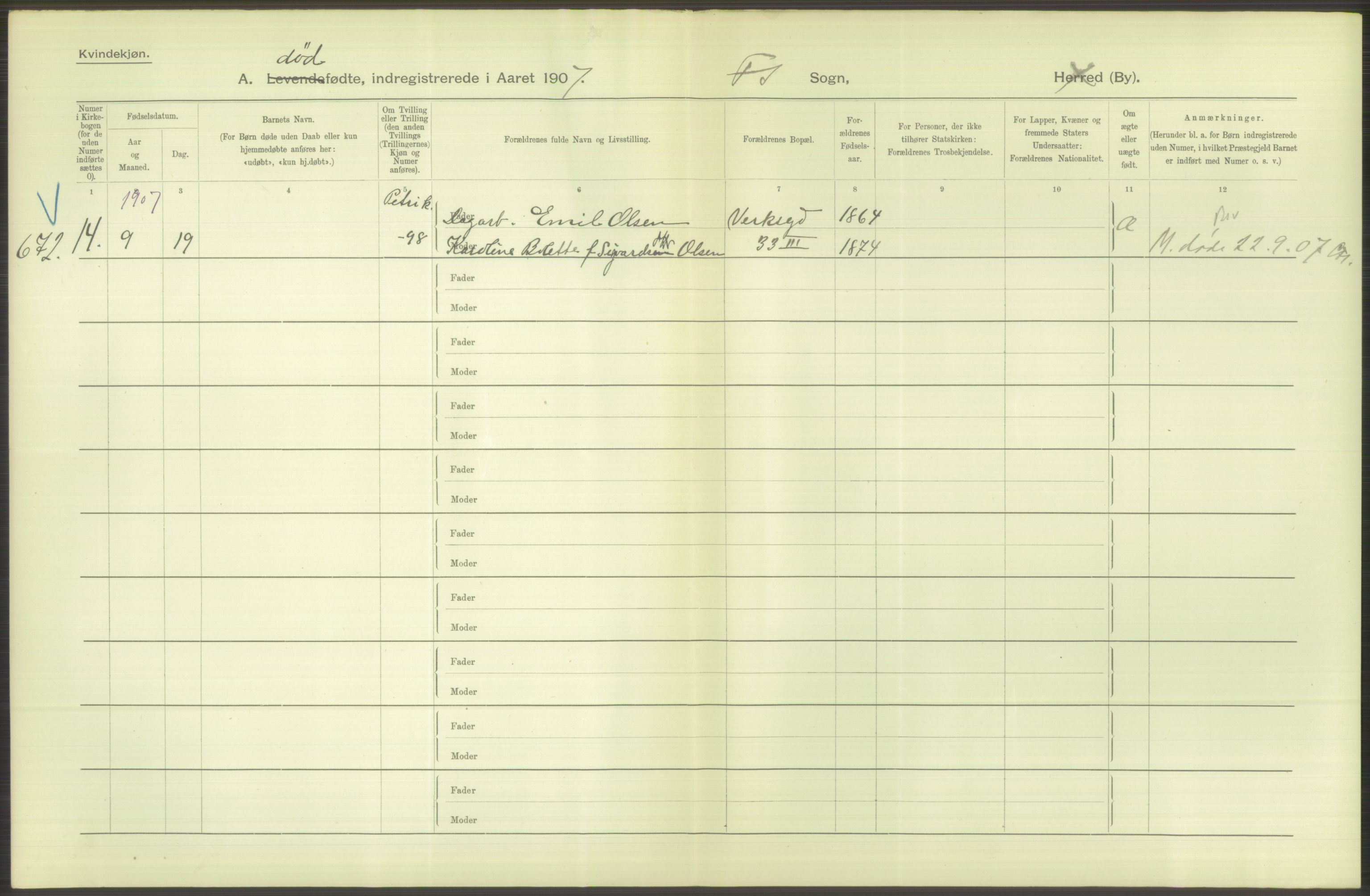 Statistisk sentralbyrå, Sosiodemografiske emner, Befolkning, AV/RA-S-2228/D/Df/Dfa/Dfae/L0010: Kristiania: Døde, dødfødte, 1907, p. 200