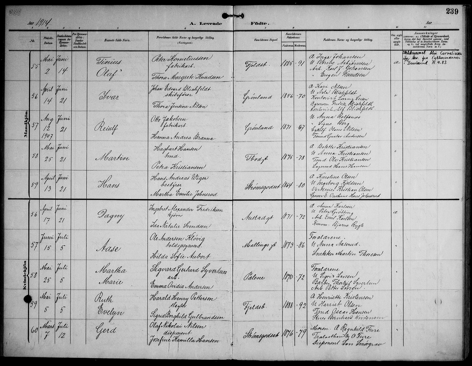 Strømsø kirkebøker, SAKO/A-246/F/Fa/L0026: Parish register (official) no. I 26, 1905-1914, p. 239
