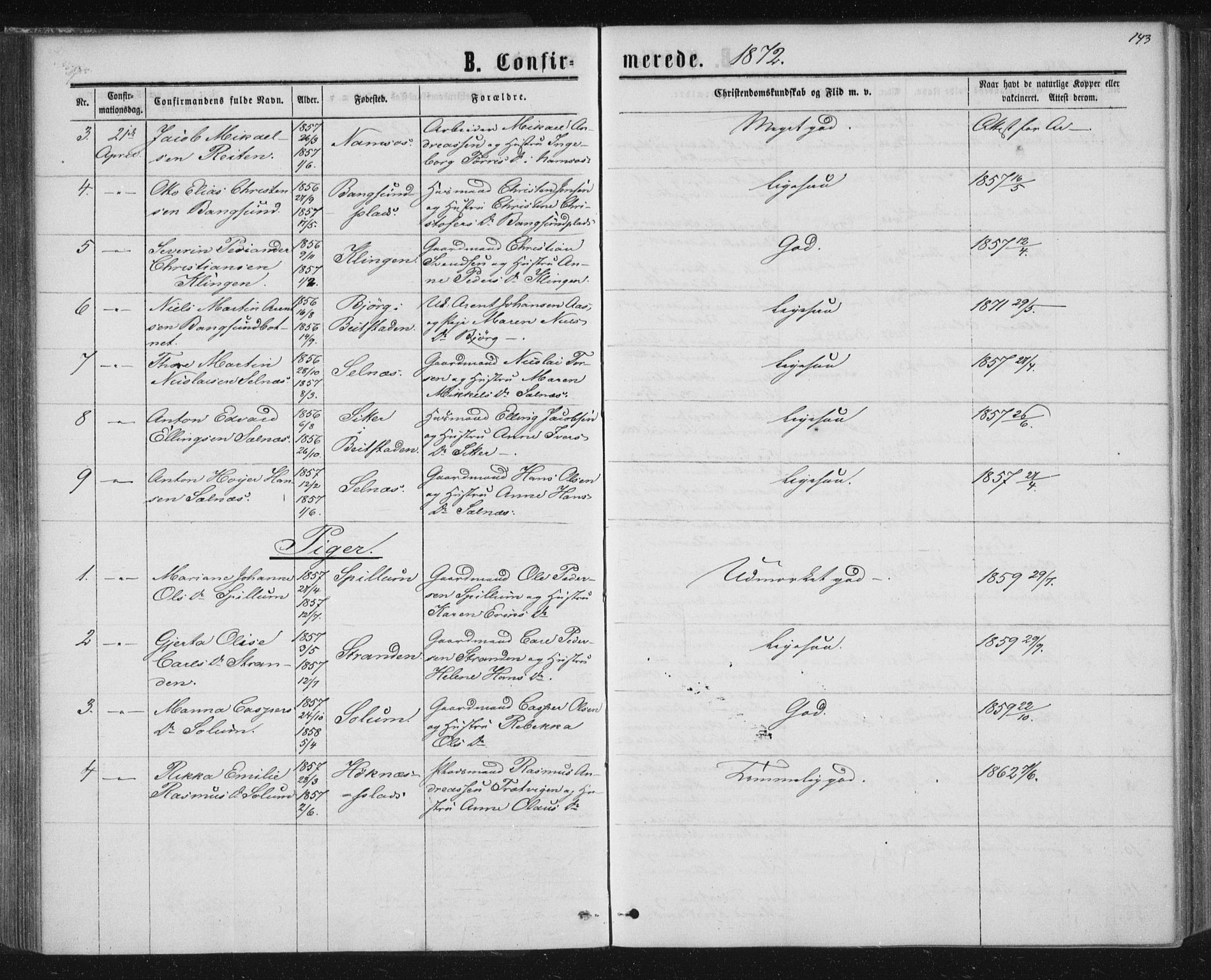 Ministerialprotokoller, klokkerbøker og fødselsregistre - Nord-Trøndelag, AV/SAT-A-1458/768/L0570: Parish register (official) no. 768A05, 1865-1874, p. 143