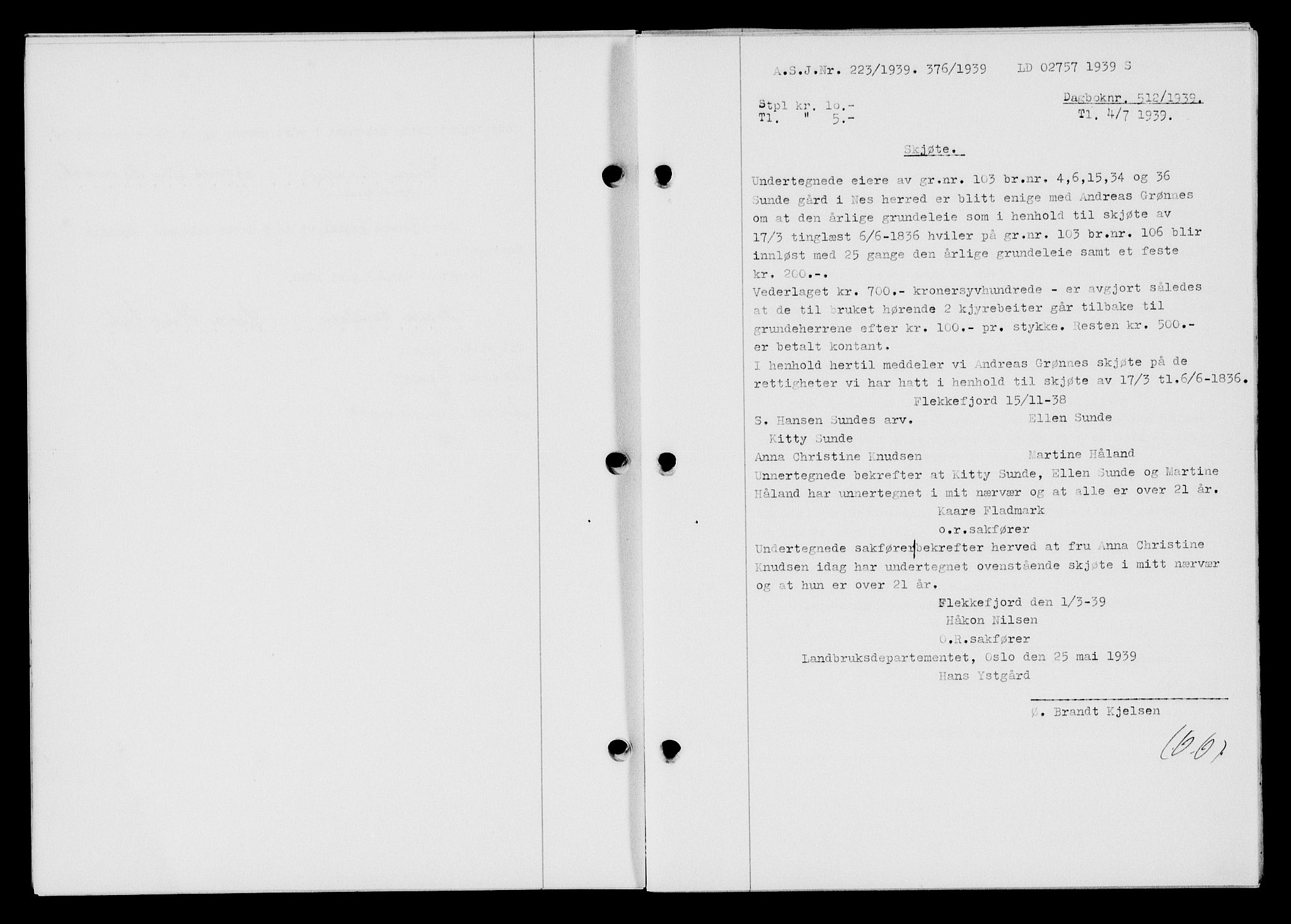 Flekkefjord sorenskriveri, AV/SAK-1221-0001/G/Gb/Gba/L0055: Mortgage book no. A-3, 1939-1939, Diary no: : 512/1939