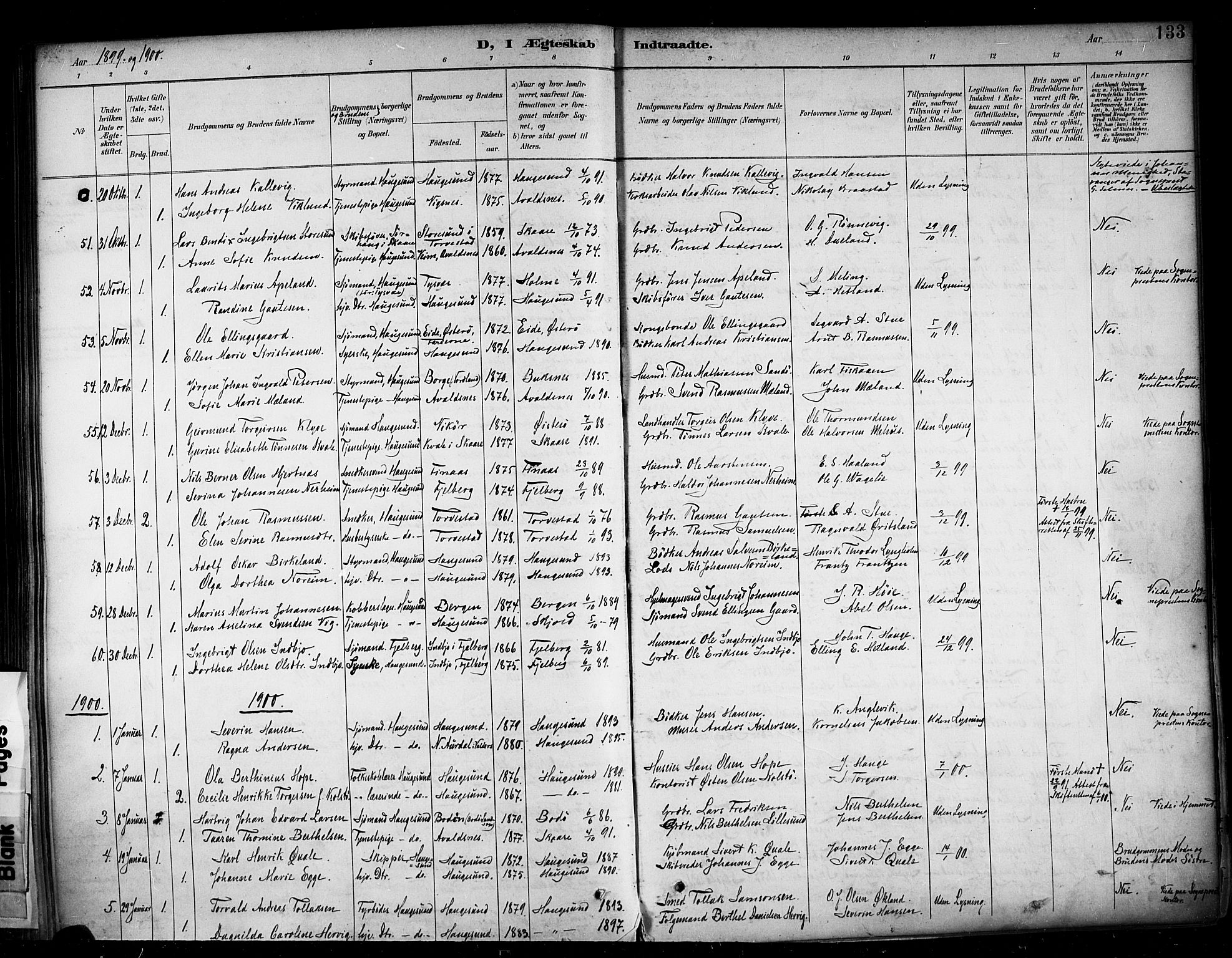 Haugesund sokneprestkontor, AV/SAST-A -101863/H/Ha/Haa/L0005: Parish register (official) no. A 5, 1891-1903, p. 133
