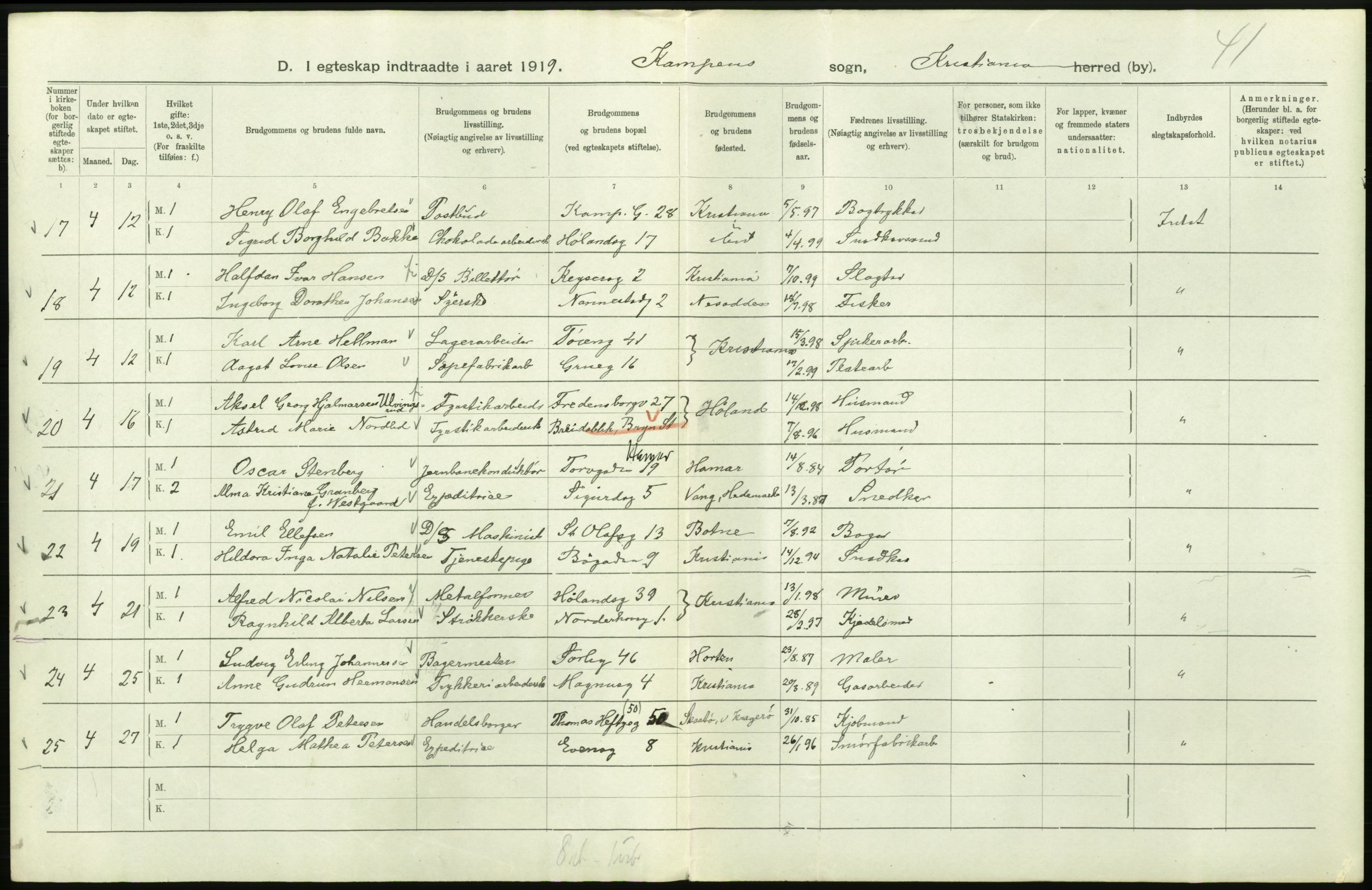 Statistisk sentralbyrå, Sosiodemografiske emner, Befolkning, AV/RA-S-2228/D/Df/Dfb/Dfbi/L0009: Kristiania: Gifte, 1919, p. 508