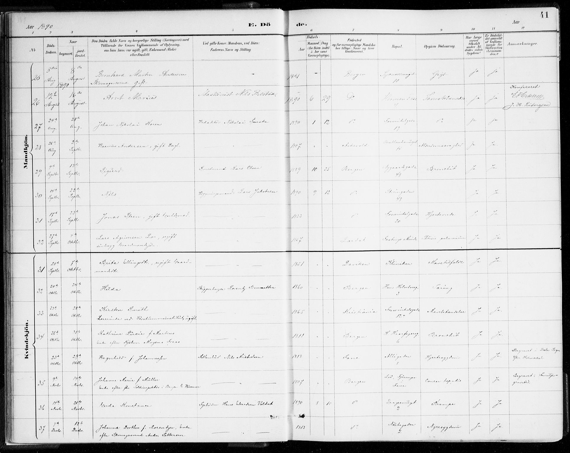 Johanneskirken sokneprestembete, AV/SAB-A-76001/H/Haa/L0019: Parish register (official) no. E 1, 1885-1915, p. 41