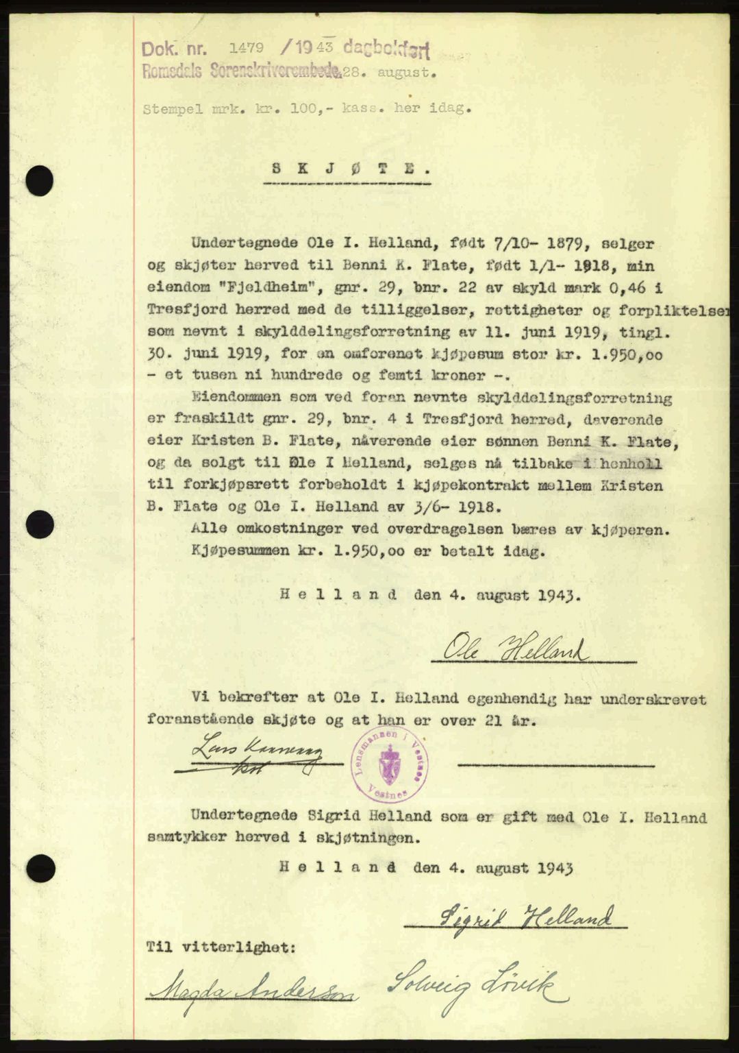 Romsdal sorenskriveri, AV/SAT-A-4149/1/2/2C: Mortgage book no. A14, 1943-1943, Diary no: : 1479/1943