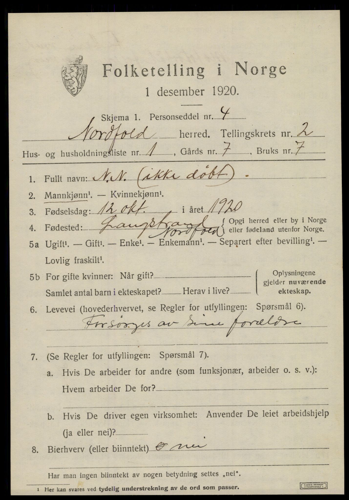 SAT, 1920 census for Nordfold, 1920, p. 1093