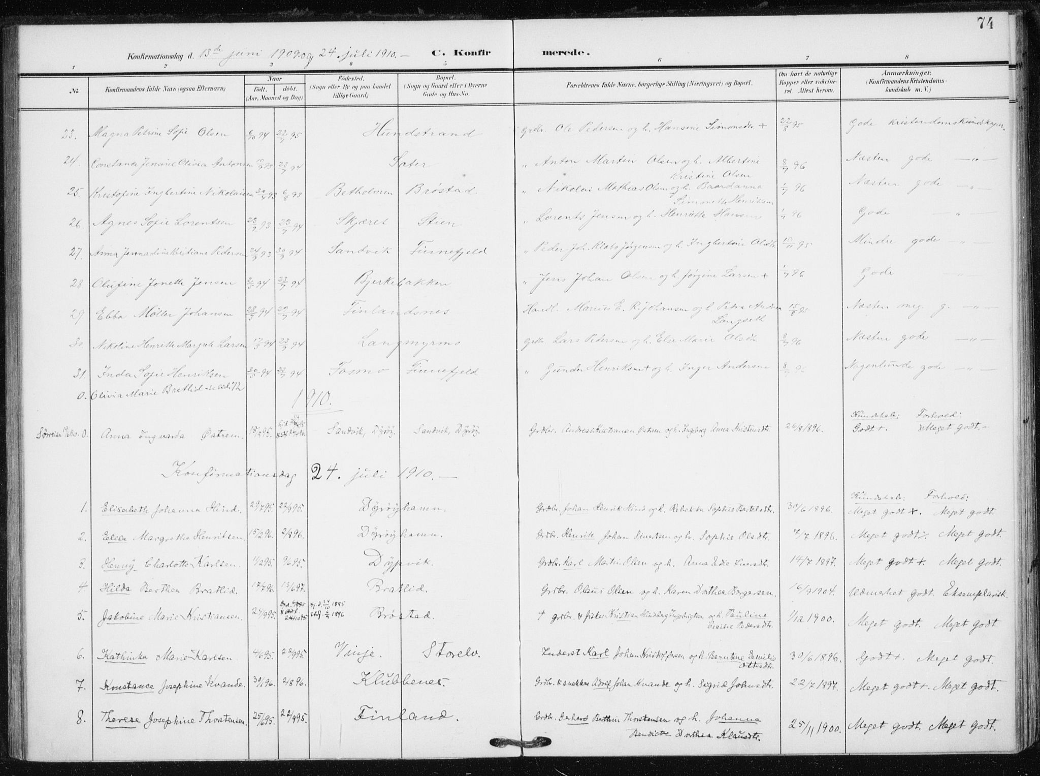 Tranøy sokneprestkontor, AV/SATØ-S-1313/I/Ia/Iaa/L0013kirke: Parish register (official) no. 13, 1905-1922, p. 74