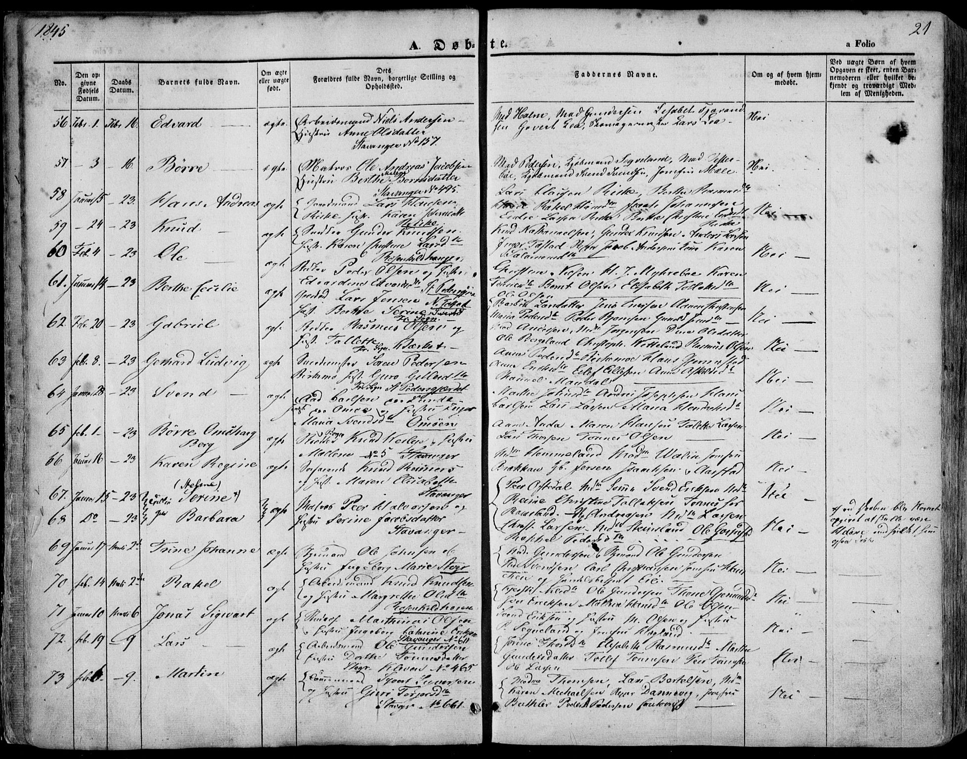 Domkirken sokneprestkontor, AV/SAST-A-101812/001/30/30BA/L0016: Parish register (official) no. A 15, 1844-1854, p. 21