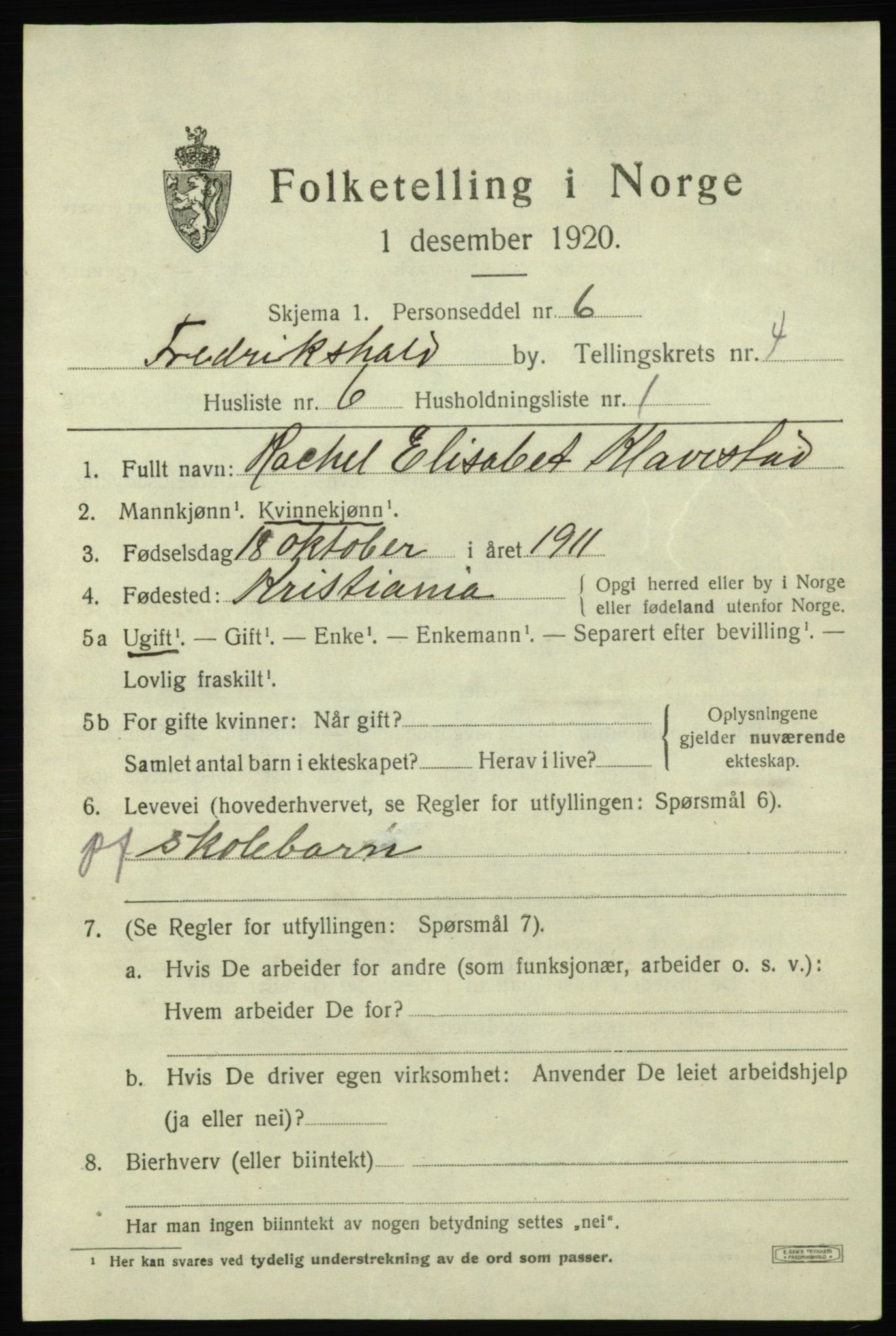 SAO, 1920 census for Fredrikshald, 1920, p. 11407