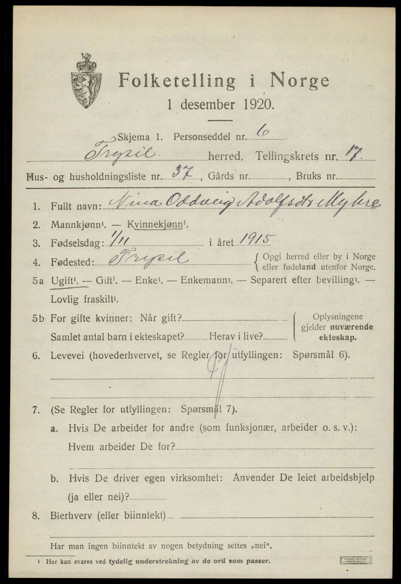 SAH, 1920 census for Trysil, 1920, p. 10633
