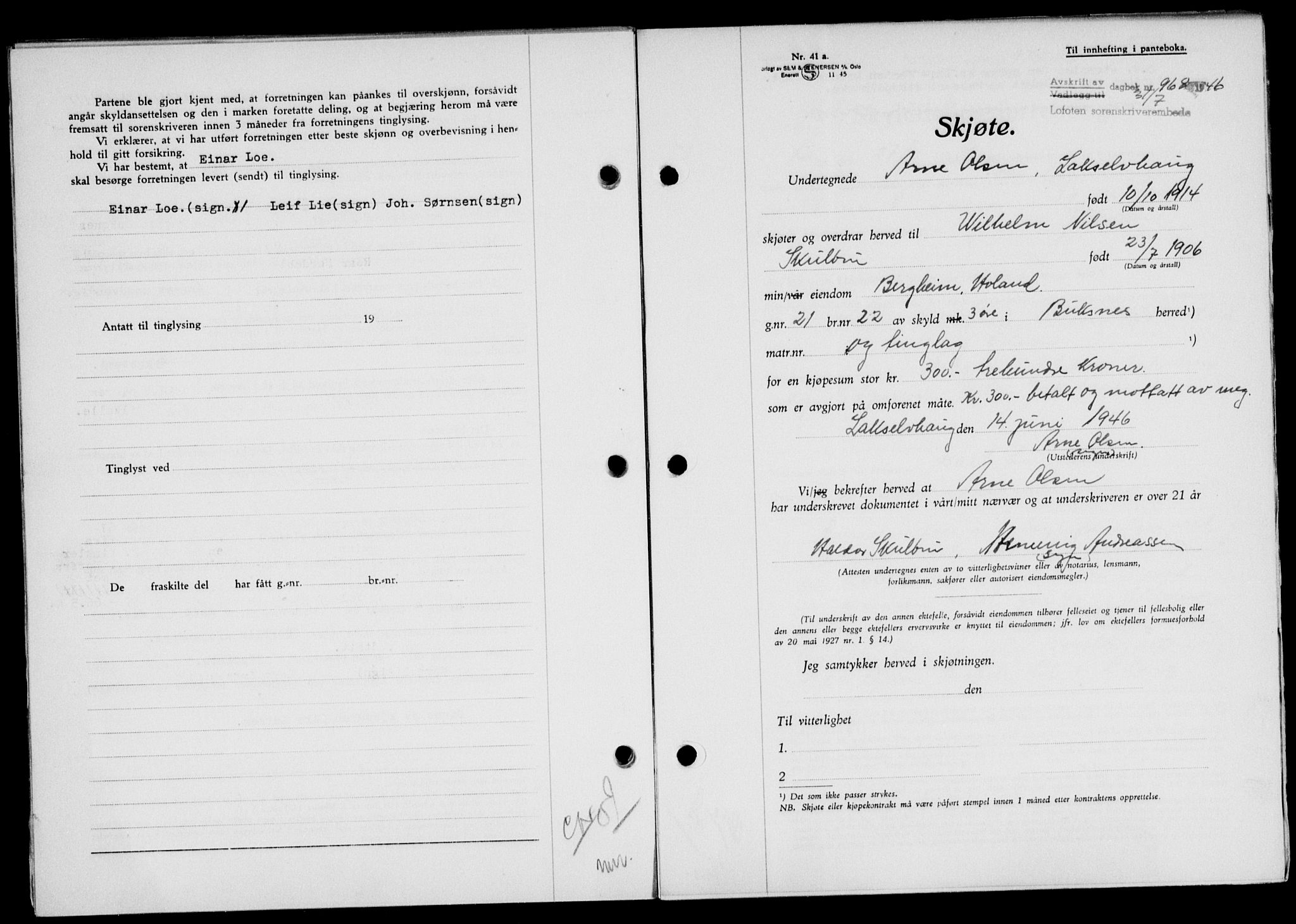 Lofoten sorenskriveri, SAT/A-0017/1/2/2C/L0014a: Mortgage book no. 14a, 1946-1946, Diary no: : 968/1946