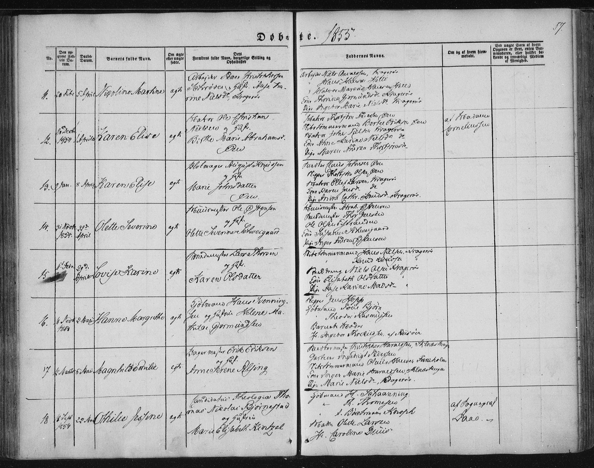 Kragerø kirkebøker, AV/SAKO-A-278/F/Fa/L0006: Parish register (official) no. 6, 1847-1861, p. 57