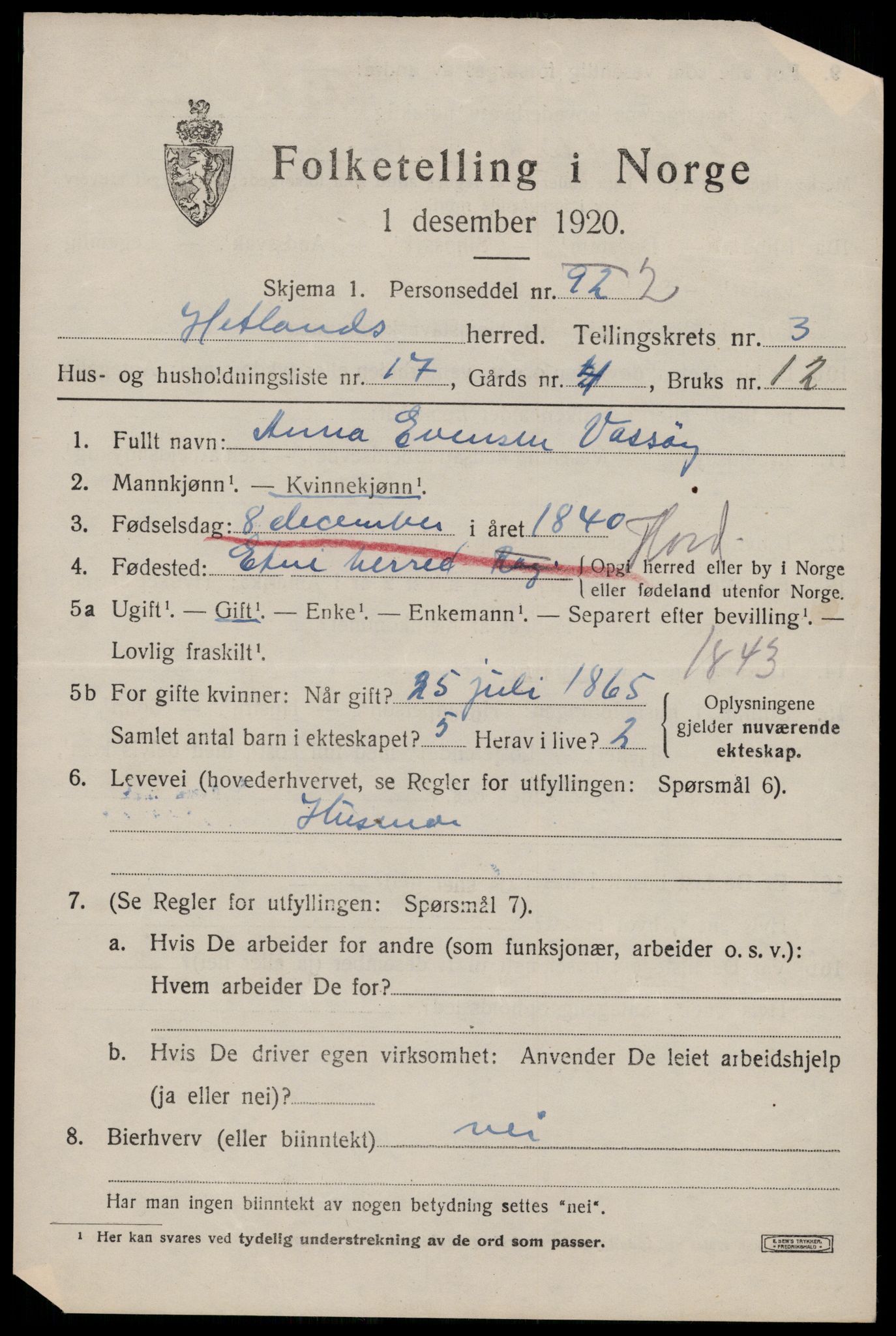 SAST, 1920 census for Hetland, 1920, p. 6257