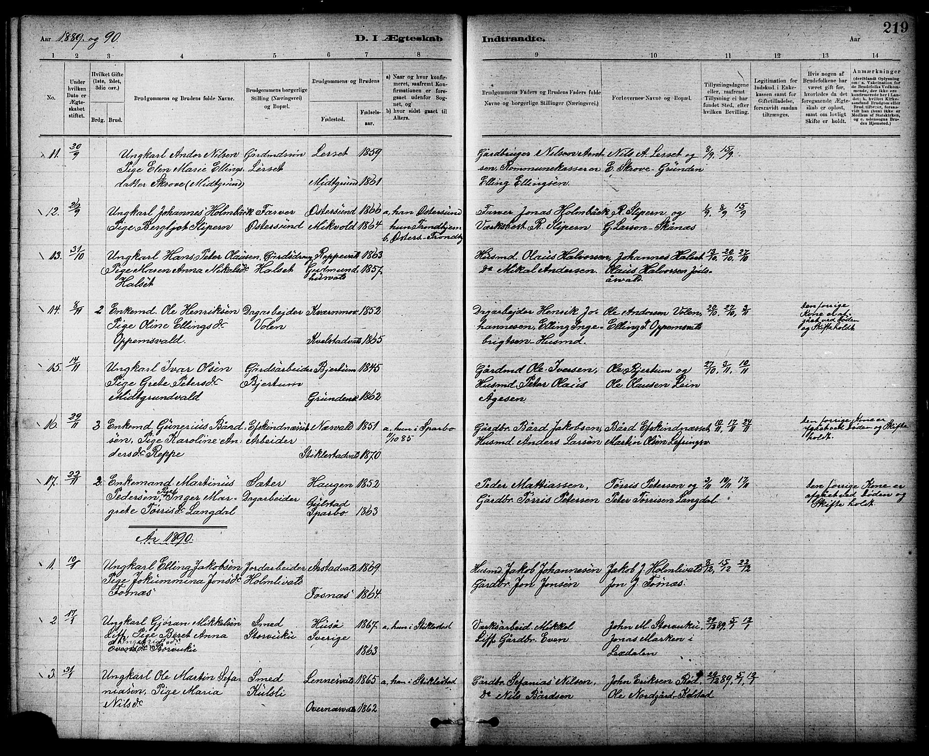 Ministerialprotokoller, klokkerbøker og fødselsregistre - Nord-Trøndelag, SAT/A-1458/724/L0267: Parish register (copy) no. 724C03, 1879-1898, p. 219