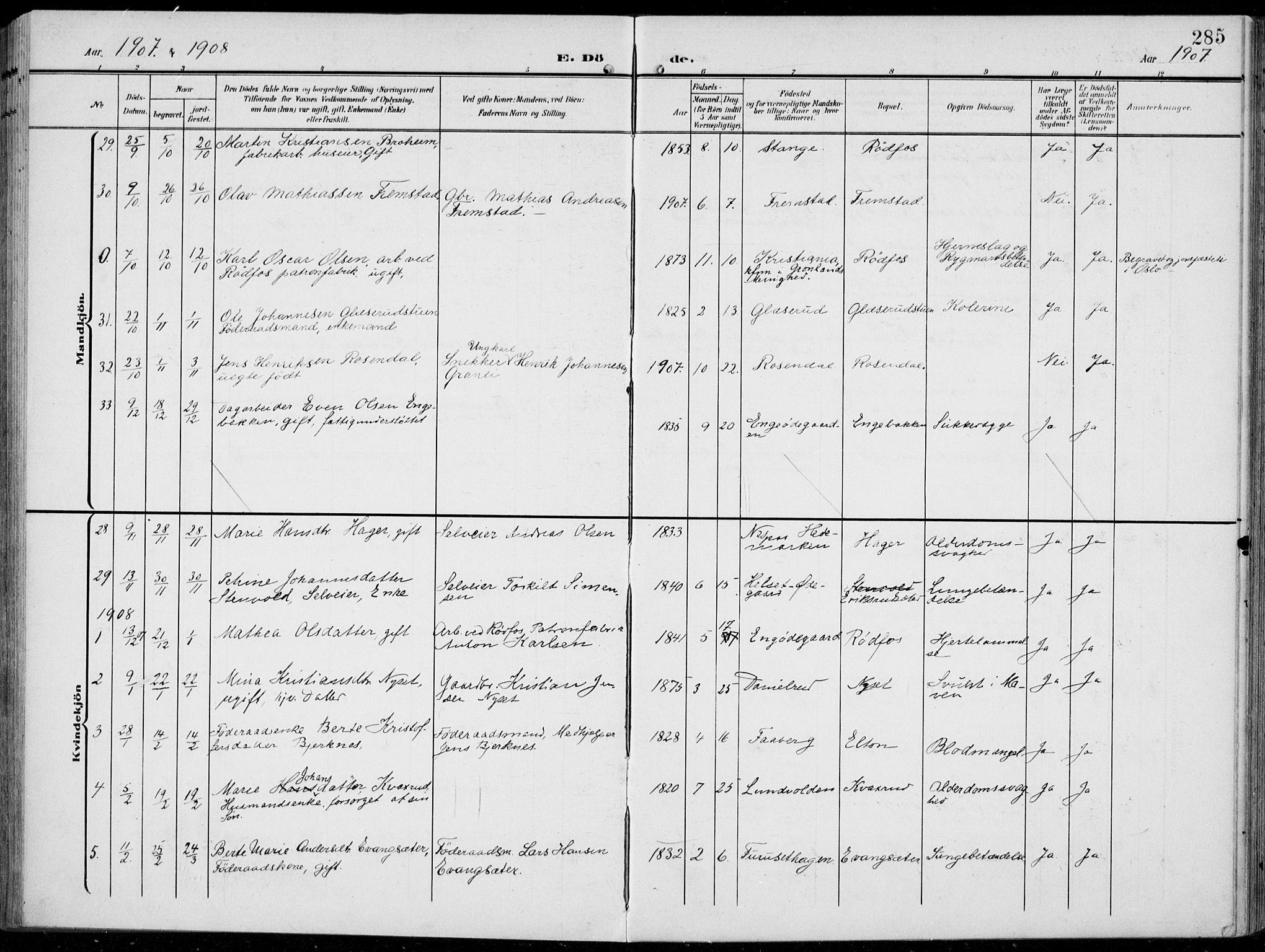 Vestre Toten prestekontor, SAH/PREST-108/H/Ha/Haa/L0014: Parish register (official) no. 14, 1907-1920, p. 285