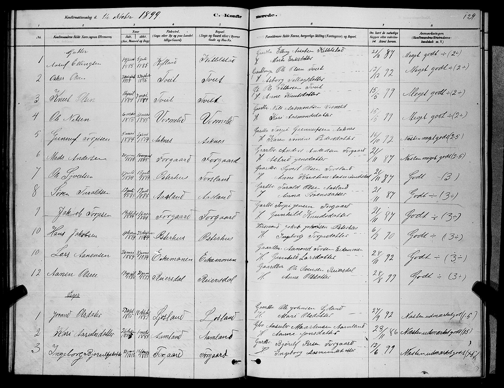Åseral sokneprestkontor, SAK/1111-0051/F/Fb/L0002: Parish register (copy) no. B 2, 1878-1899, p. 129