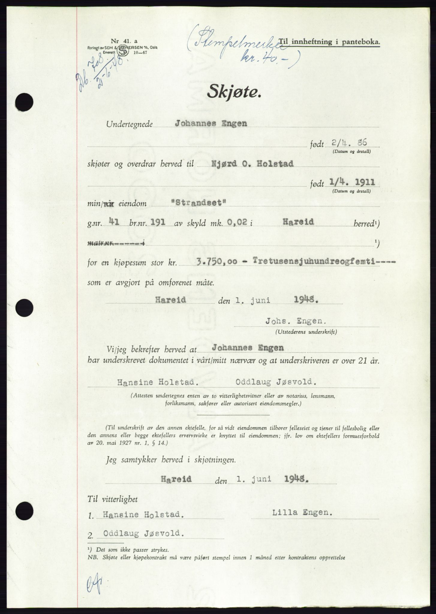 Søre Sunnmøre sorenskriveri, AV/SAT-A-4122/1/2/2C/L0082: Mortgage book no. 8A, 1948-1948, Diary no: : 708/1948