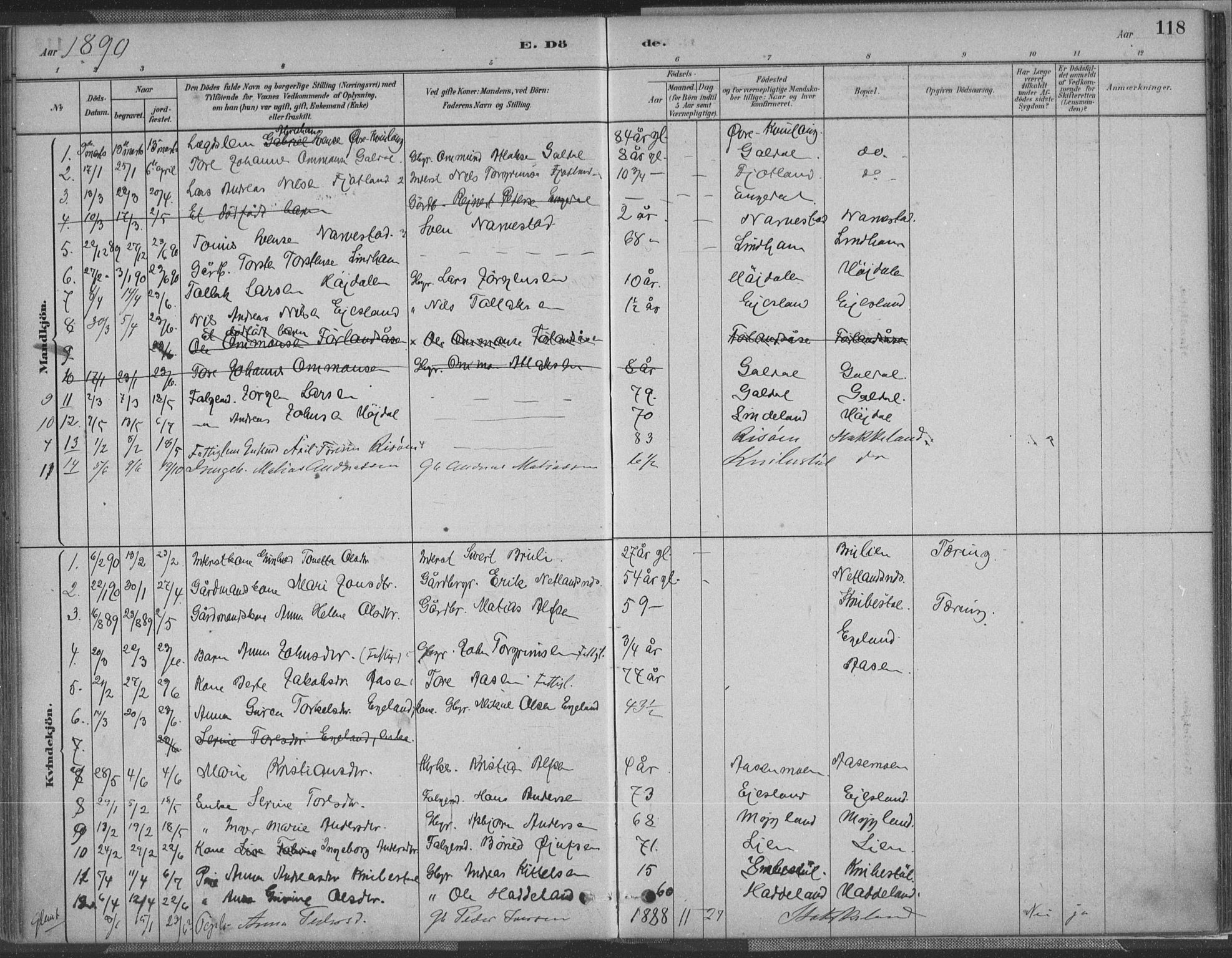 Fjotland sokneprestkontor, AV/SAK-1111-0010/F/Fa/L0002: Parish register (official) no. A 2, 1880-1898, p. 118