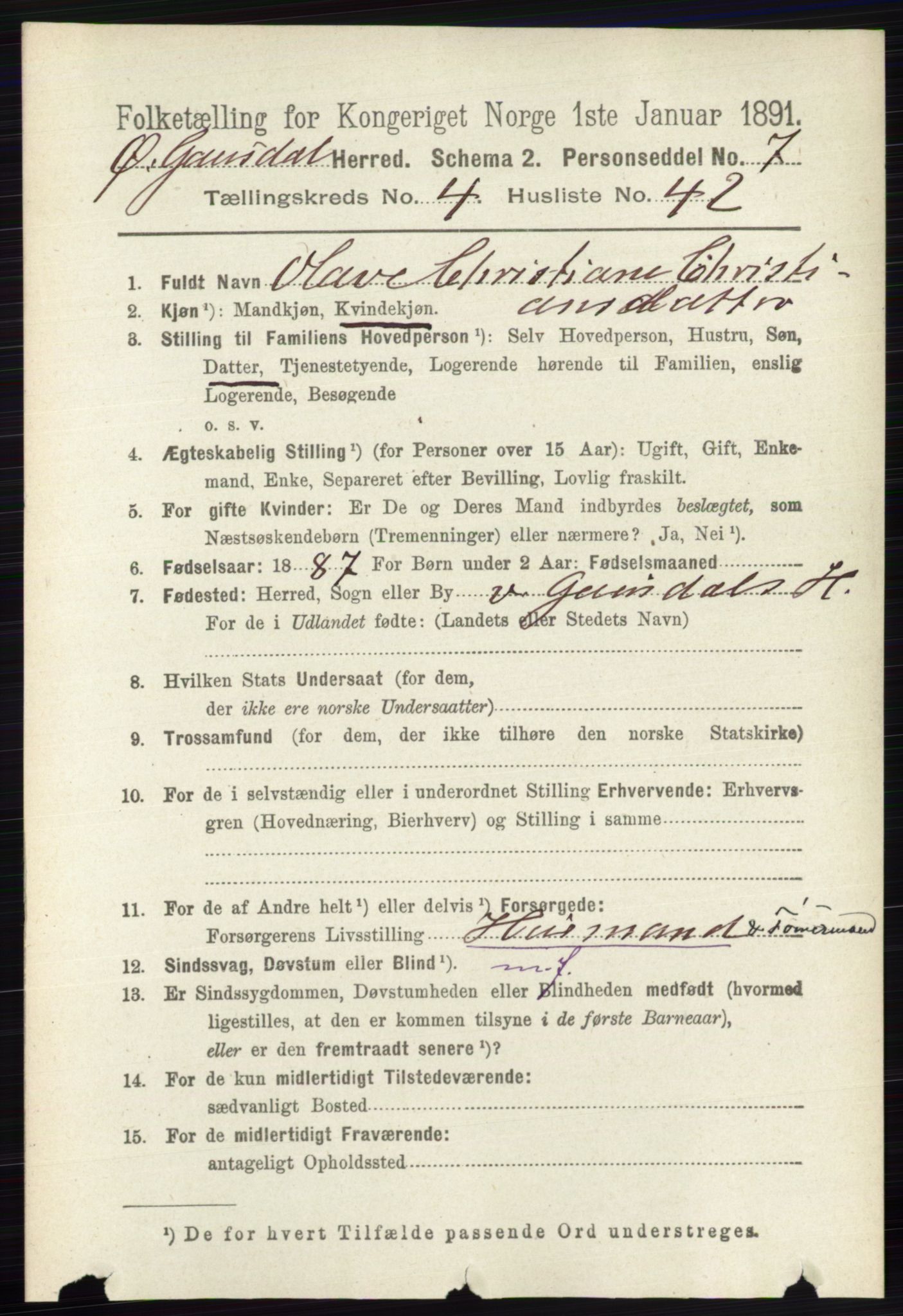 RA, 1891 census for 0522 Østre Gausdal, 1891, p. 2784