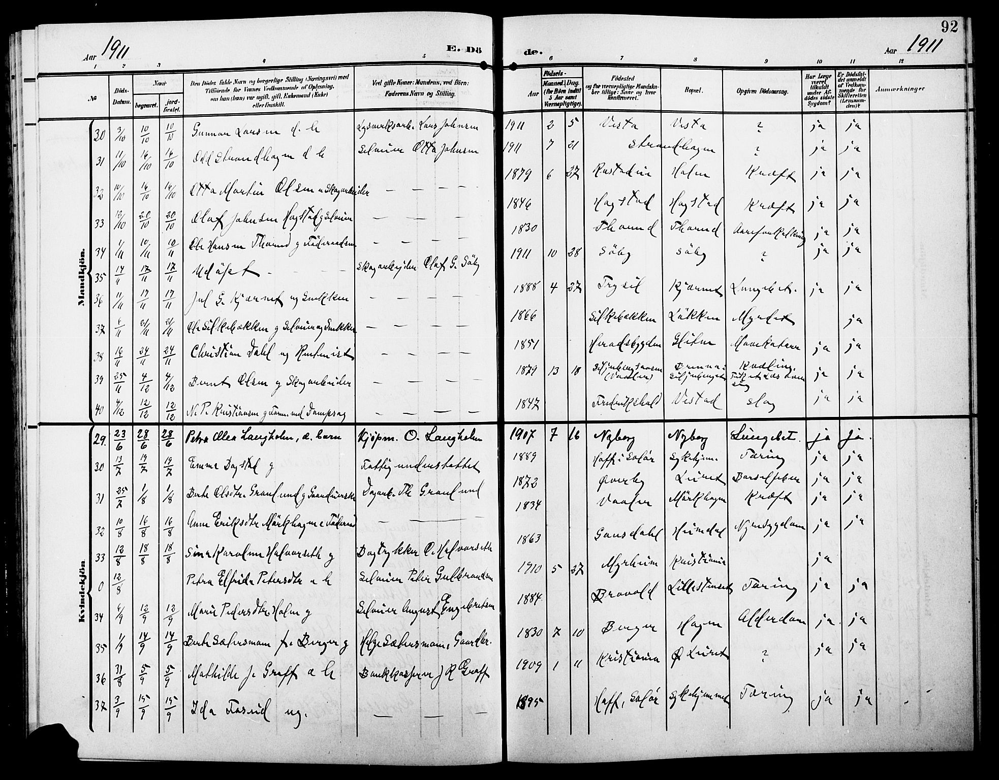 Elverum prestekontor, AV/SAH-PREST-044/H/Ha/Hab/L0009: Parish register (copy) no. 9, 1908-1921, p. 92