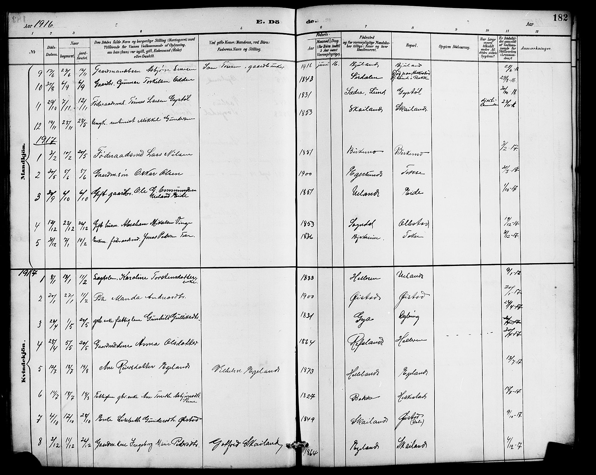 Lund sokneprestkontor, AV/SAST-A-101809/S07/L0007: Parish register (copy) no. B 7, 1890-1925, p. 182