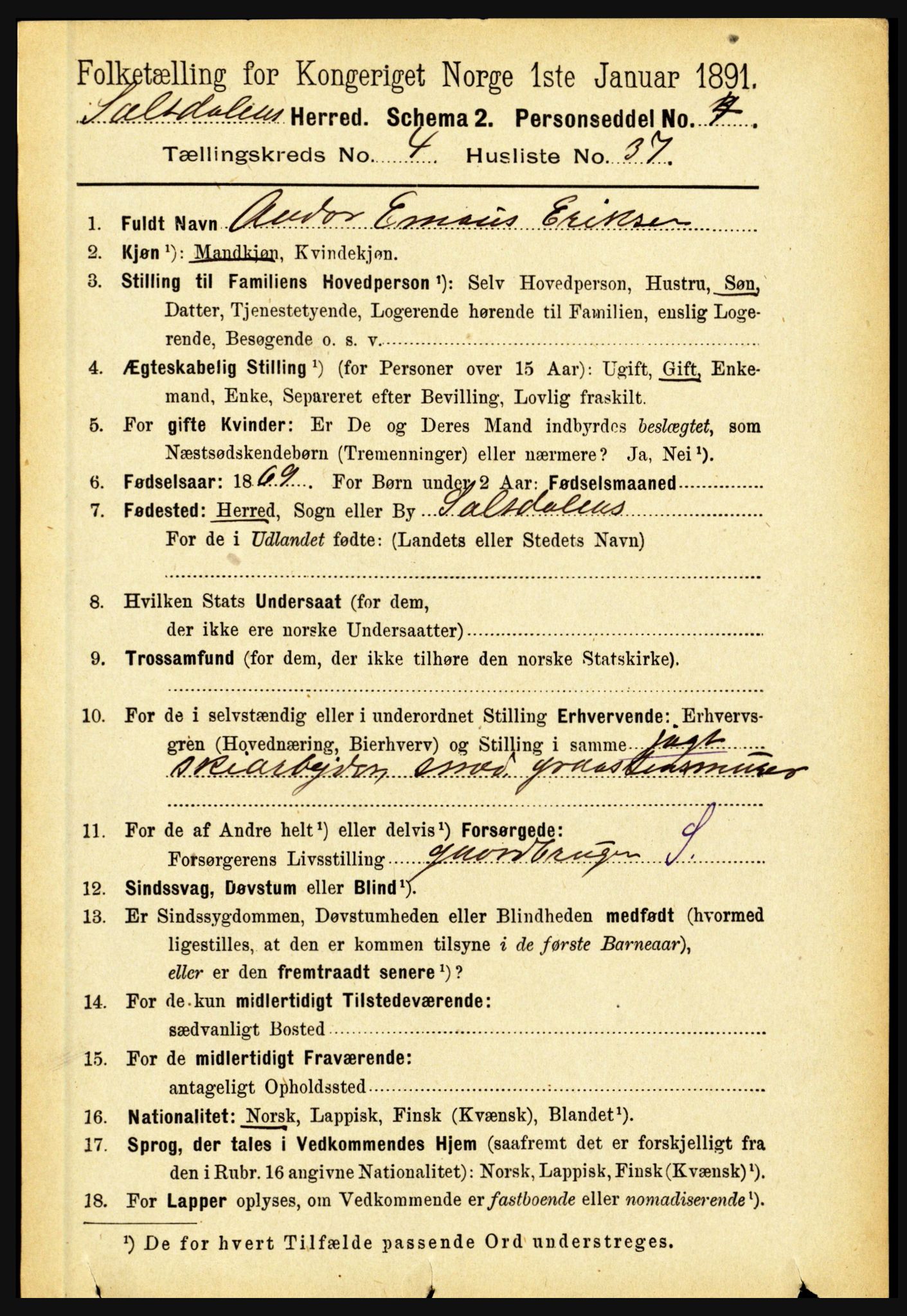 RA, 1891 census for 1840 Saltdal, 1891, p. 2575