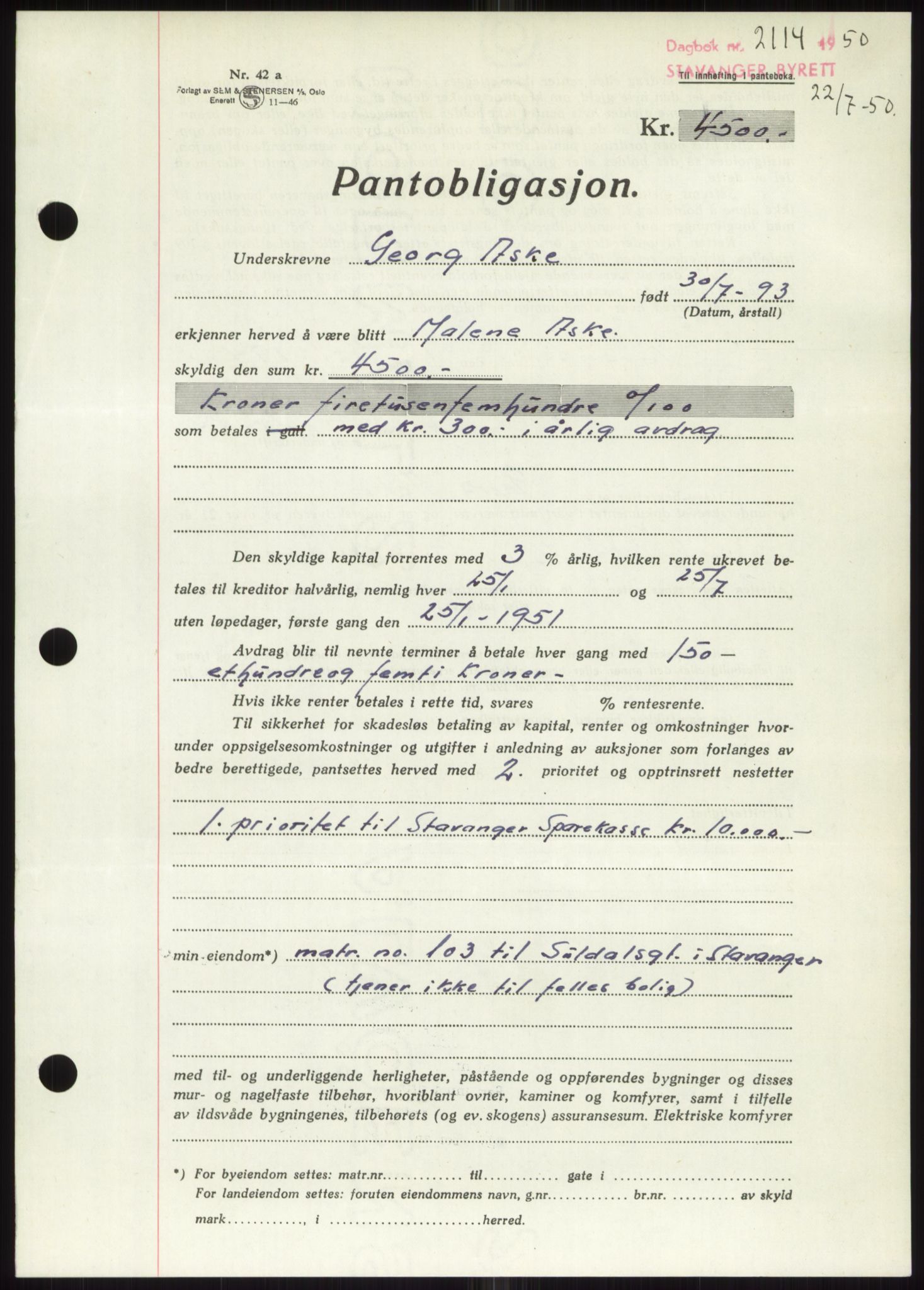 Stavanger byrett, SAST/A-100455/002/G/Gb/L0032: Mortgage book, 1947-1950, Diary no: : 2114/1950