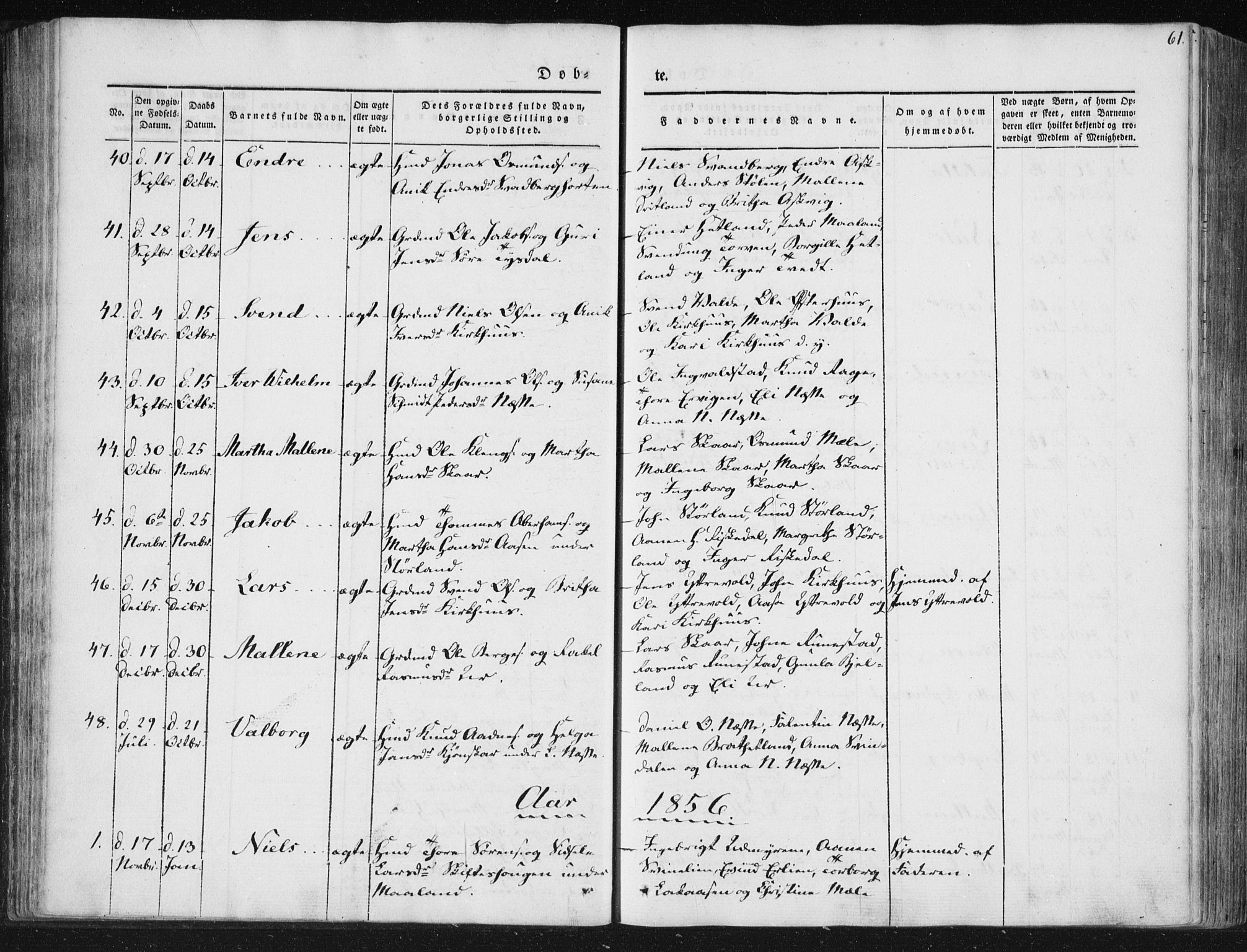 Hjelmeland sokneprestkontor, AV/SAST-A-101843/01/IV/L0008: Parish register (official) no. A 8, 1842-1861, p. 61