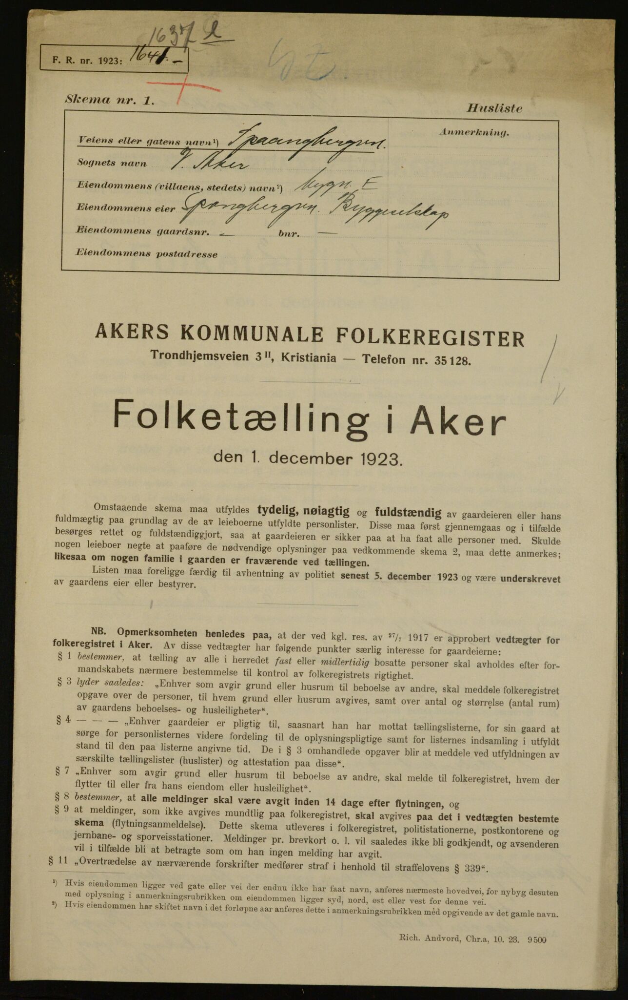 , Municipal Census 1923 for Aker, 1923, p. 18260