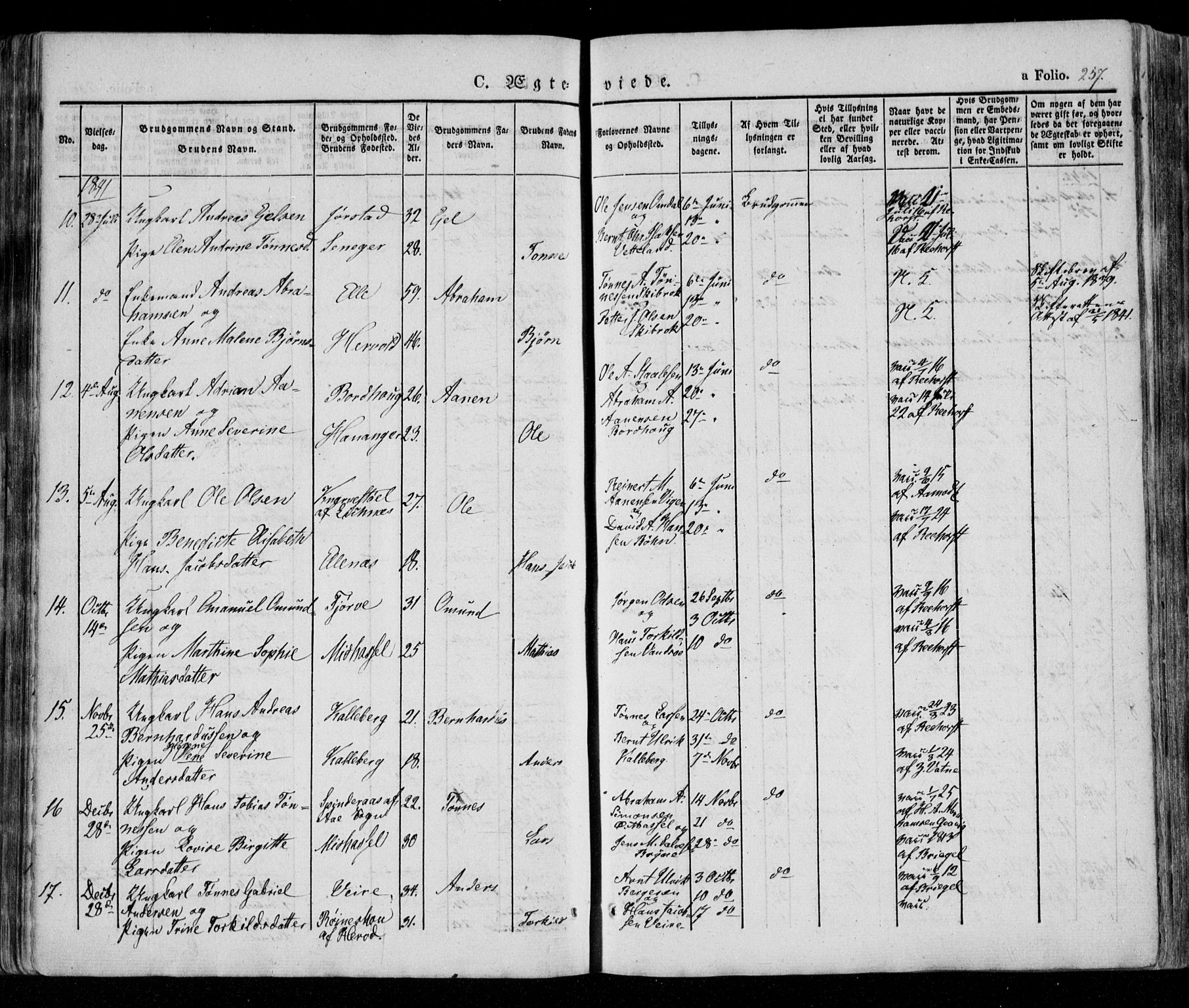 Lista sokneprestkontor, AV/SAK-1111-0027/F/Fa/L0009: Parish register (official) no. A 9, 1835-1846, p. 257