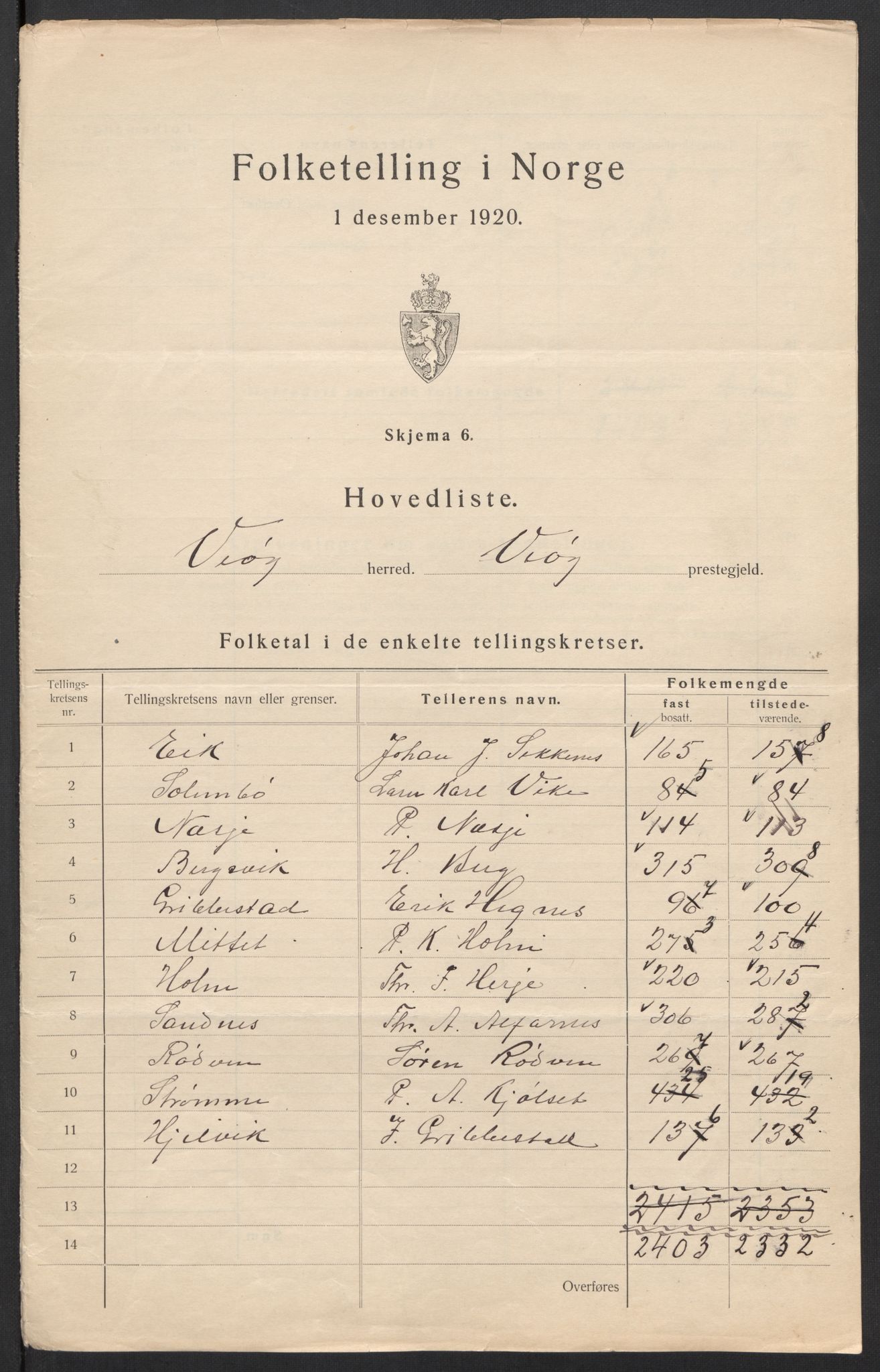 SAT, 1920 census for Veøy, 1920, p. 3