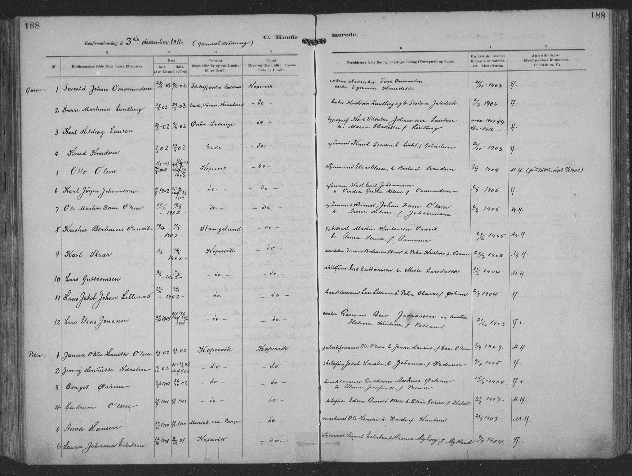 Kopervik sokneprestkontor, SAST/A-101850/H/Ha/Haa/L0001: Parish register (official) no. A 1, 1880-1919, p. 188