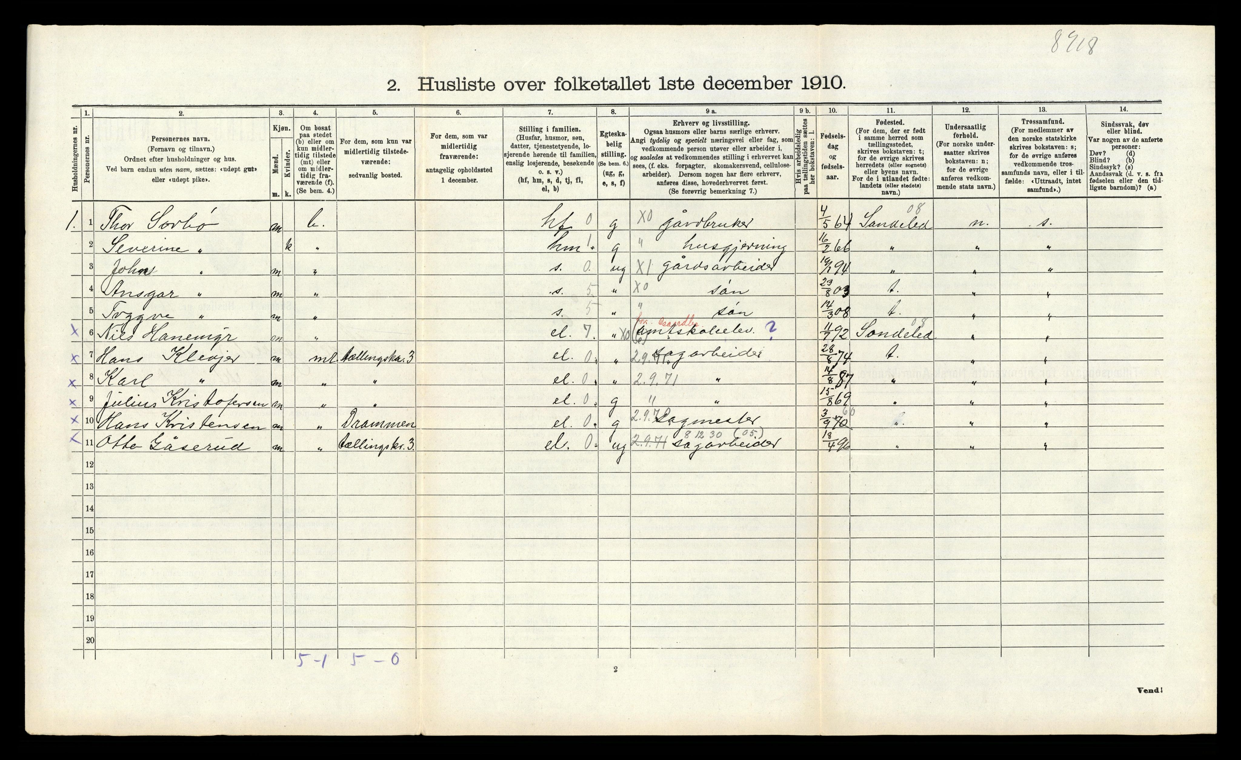 RA, 1910 census for Sande, 1910, p. 408